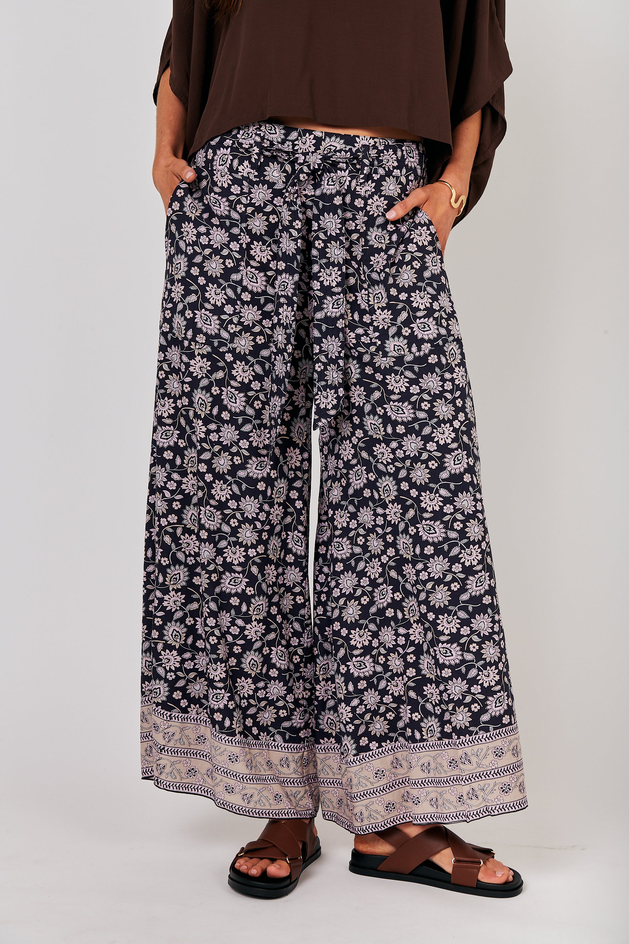 Wide Leg Lounge Pants (Extra Long) | Midnight Flower - Saffron Road