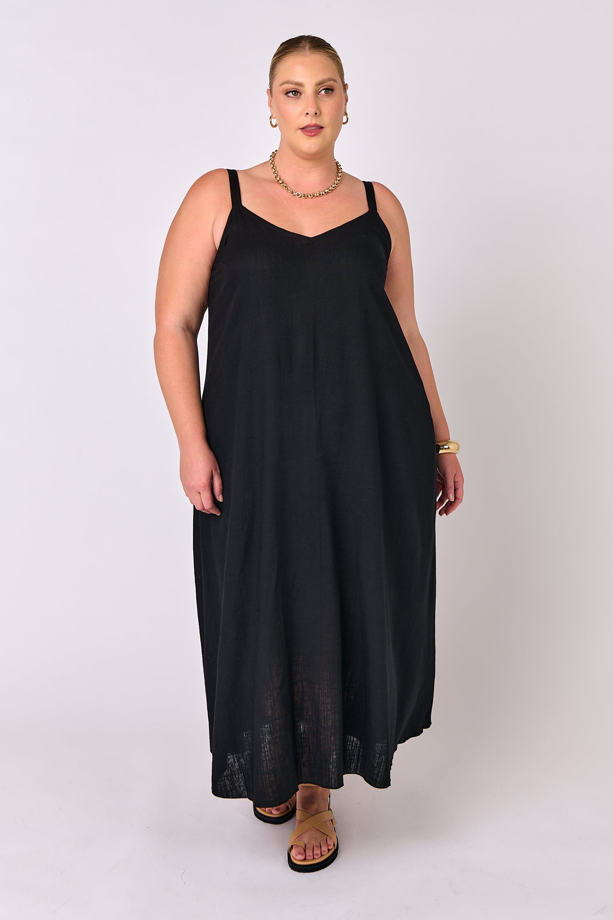 A-line Slip Dress | Black | Viscose Linen - Saffron Road