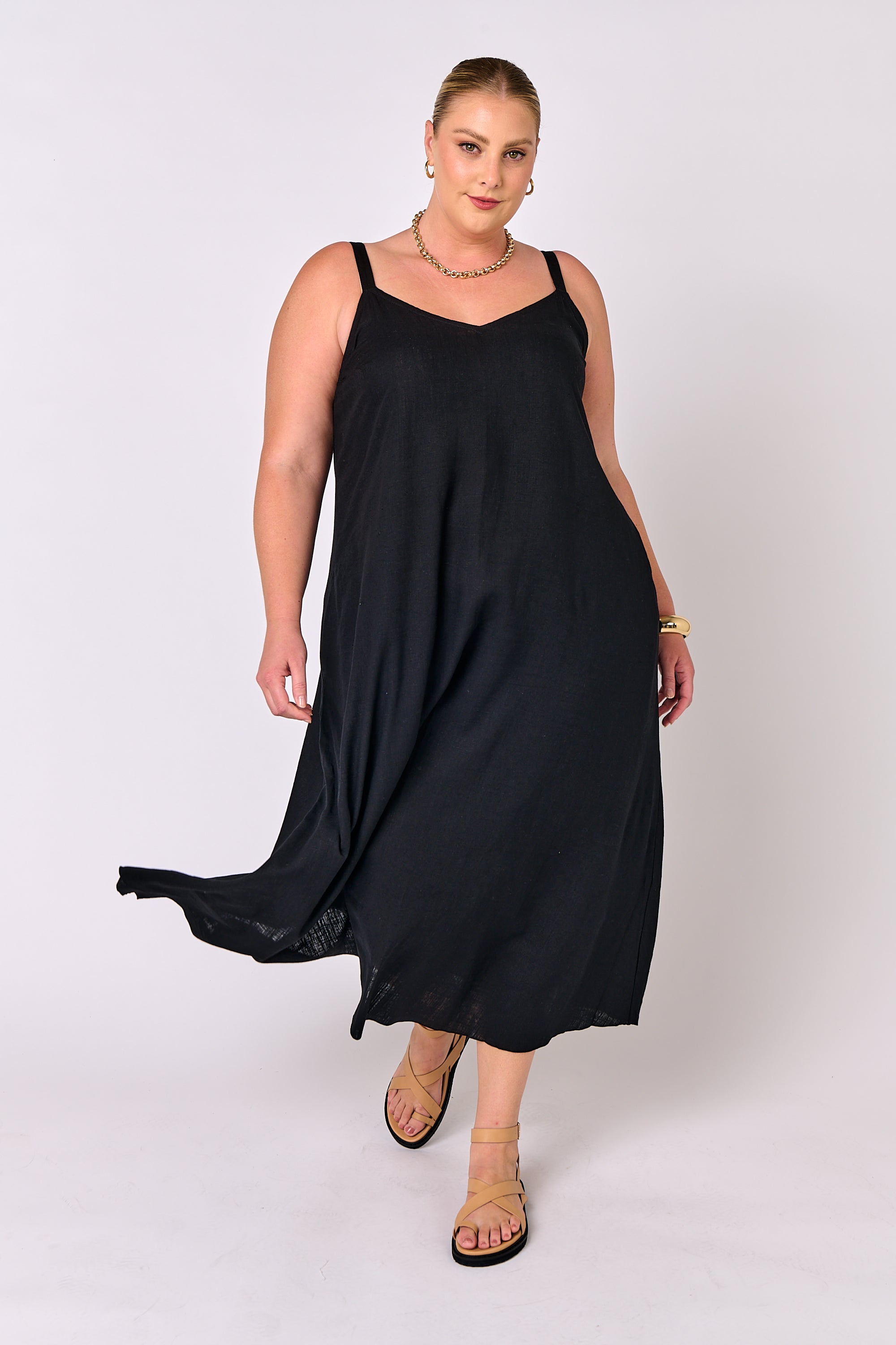 A-line Slip Dress | Black | Viscose Linen - Saffron Road