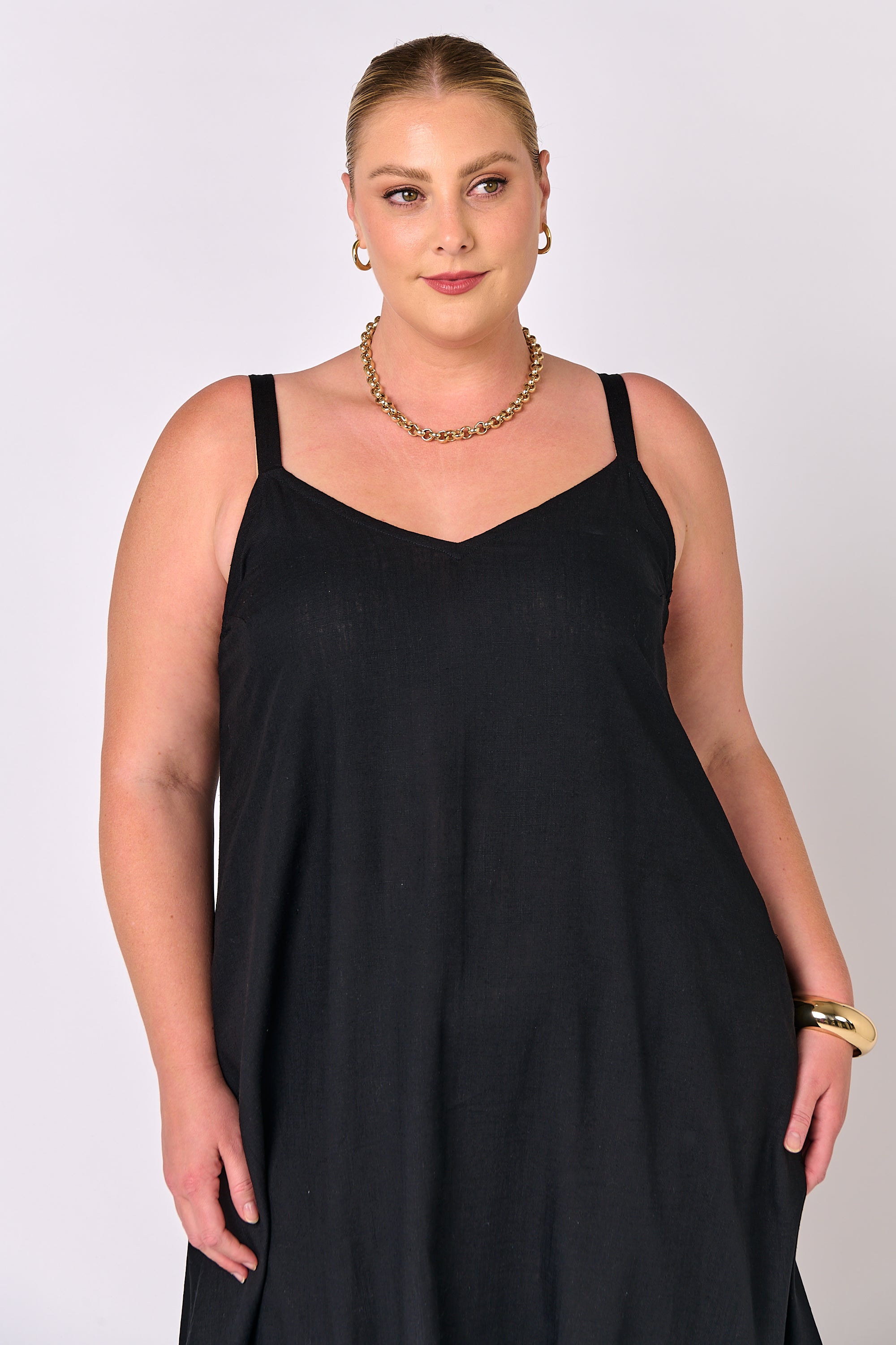 A-line Slip Dress | Black | Viscose Linen - Saffron Road