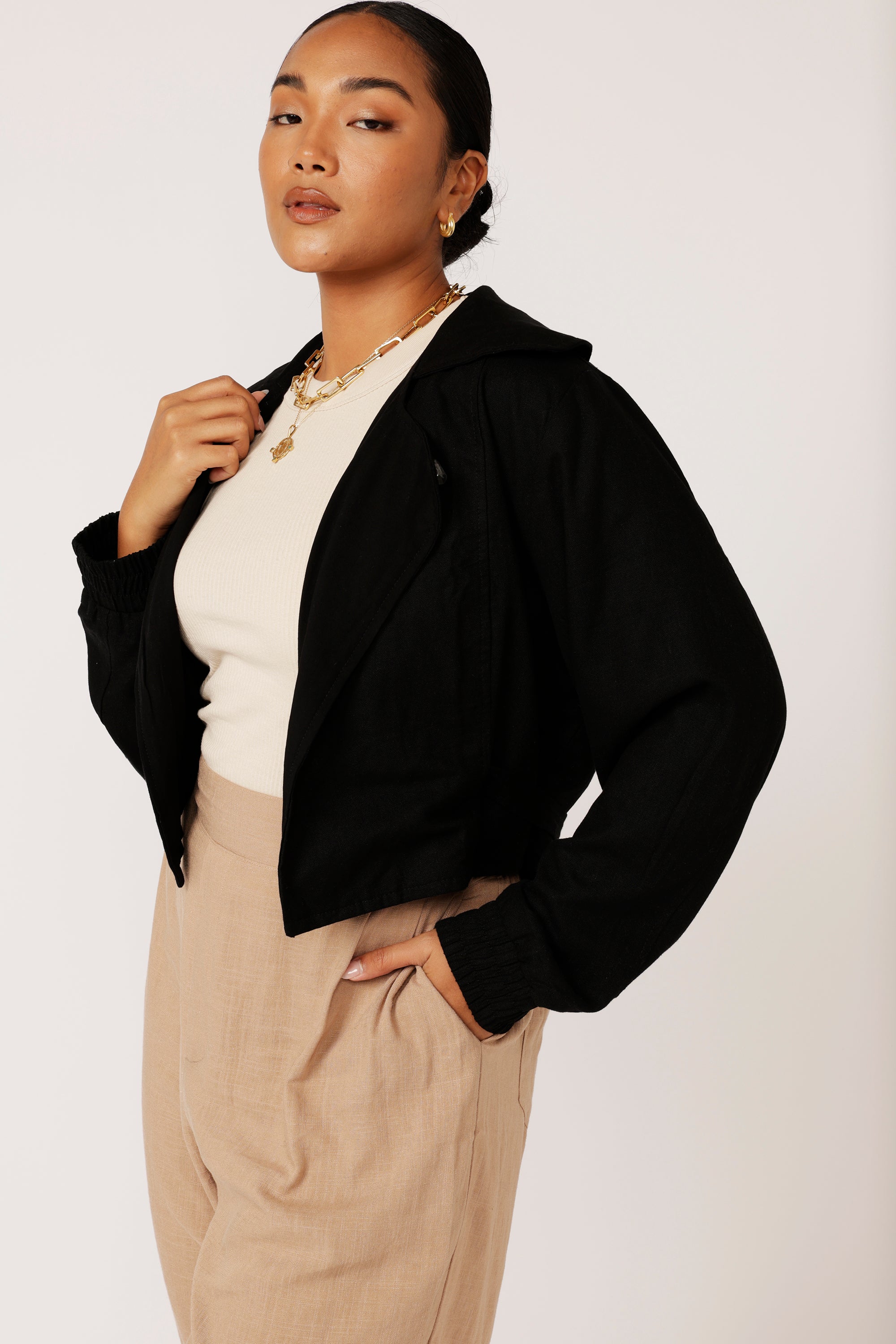 Biker Jacket | Black Linen - Saffron Road