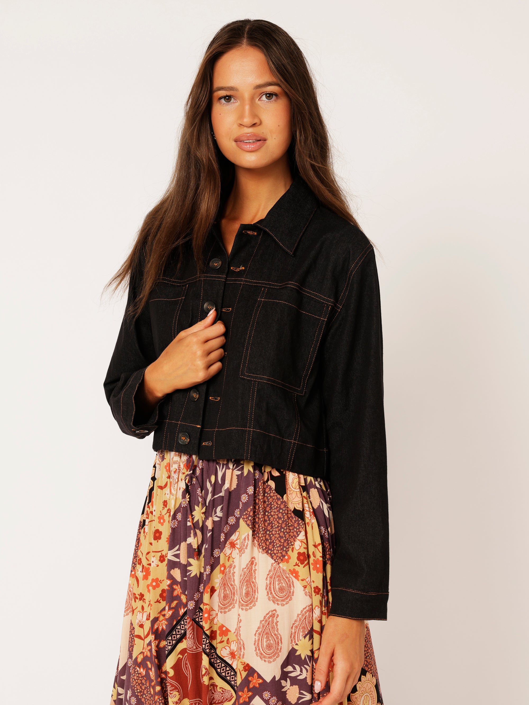 Vegas Jacket CROPPED | Black Denim - Saffron Road