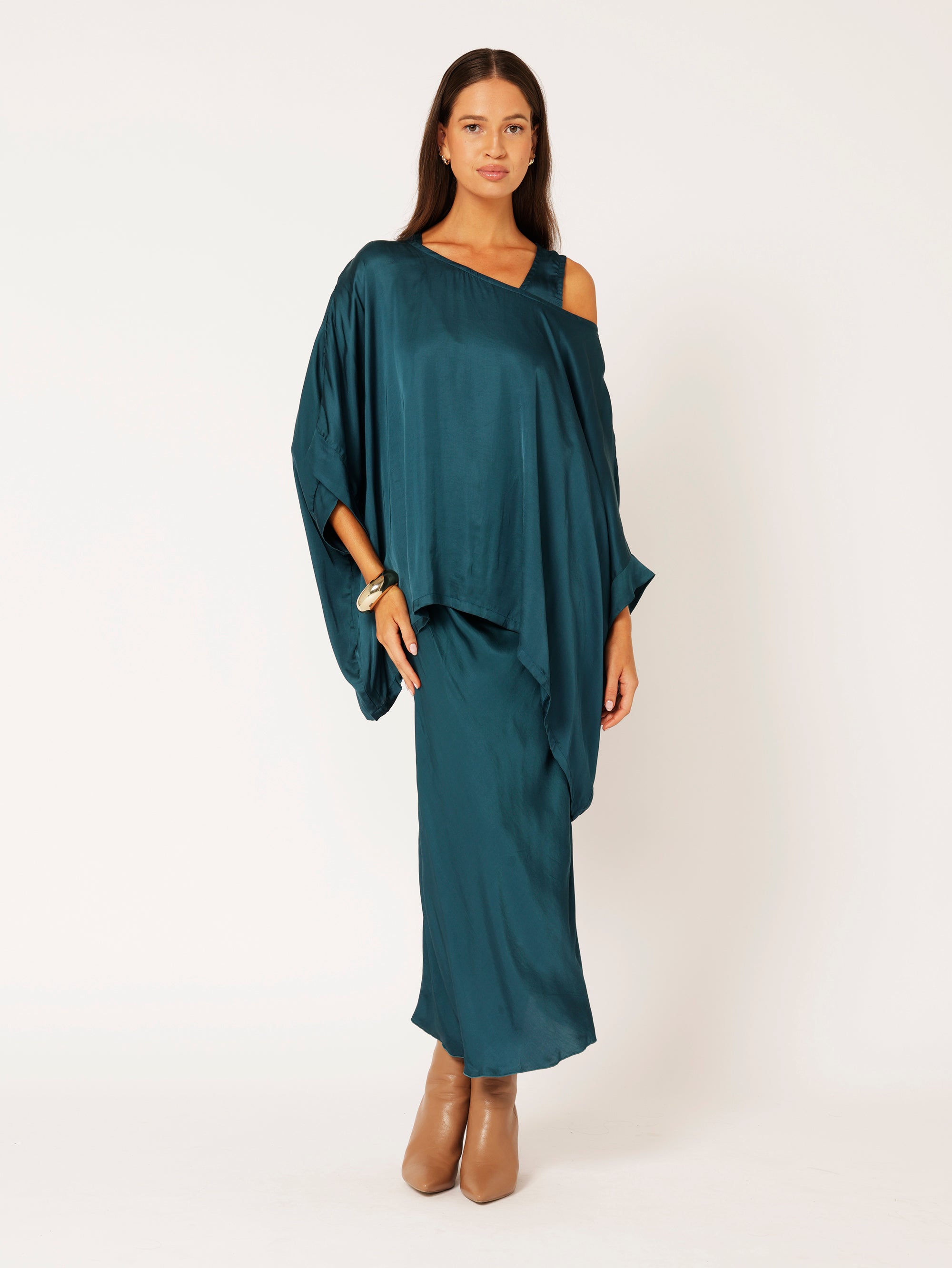 Bias Cut Skirt | Satin | Teal - Saffron Road