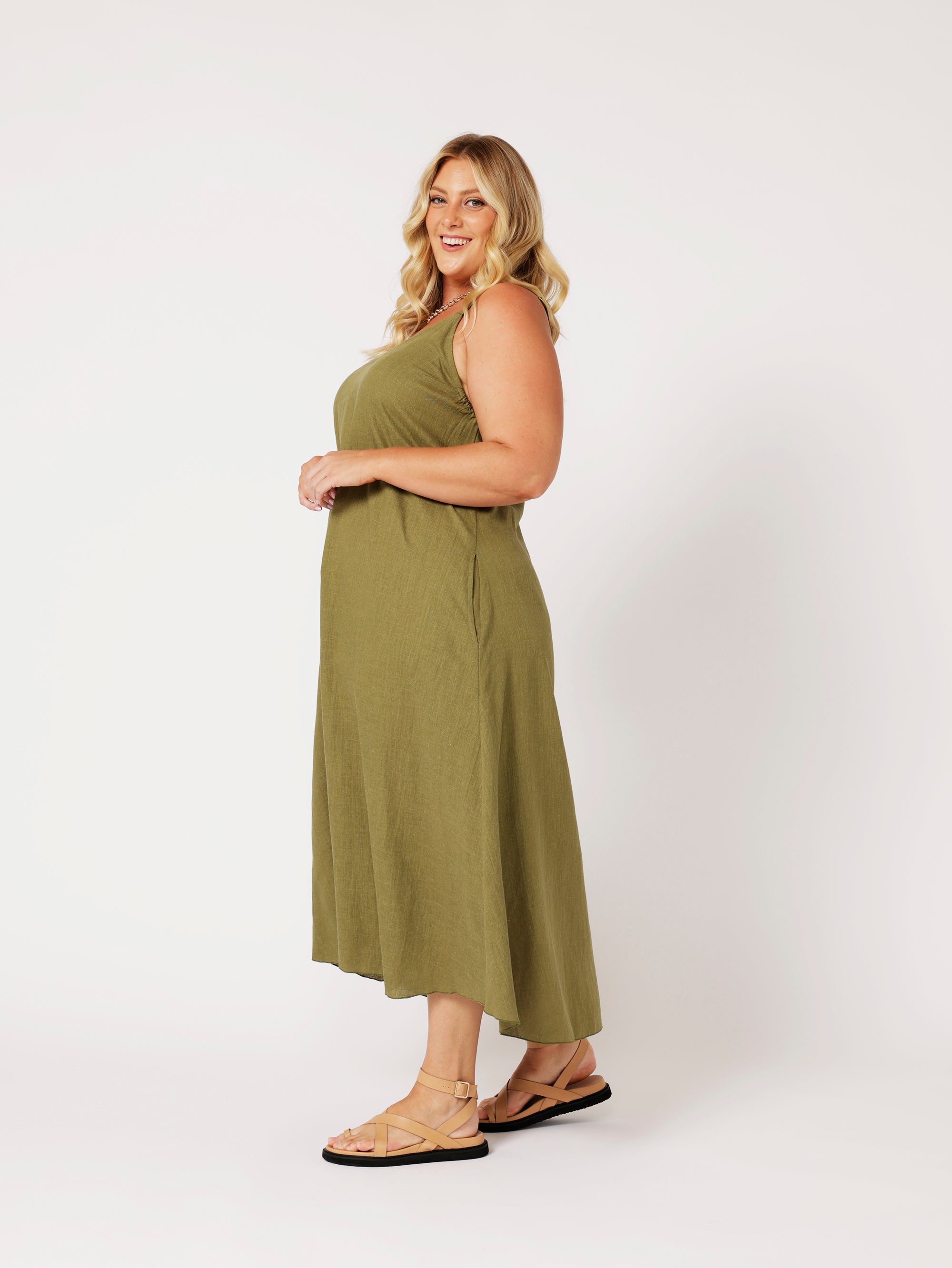 A-line Slip Dress | Olive | Viscose Linen - Saffron Road