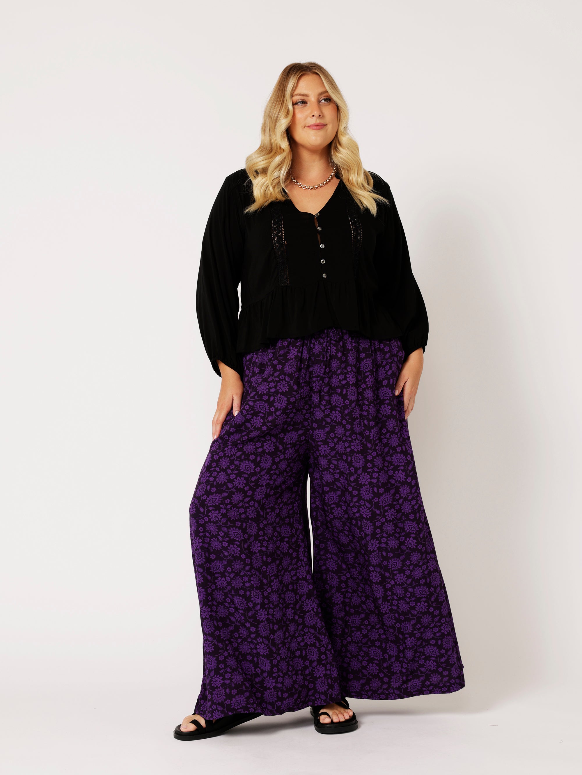 Palazzo Pant | Purple Flower - Saffron Road