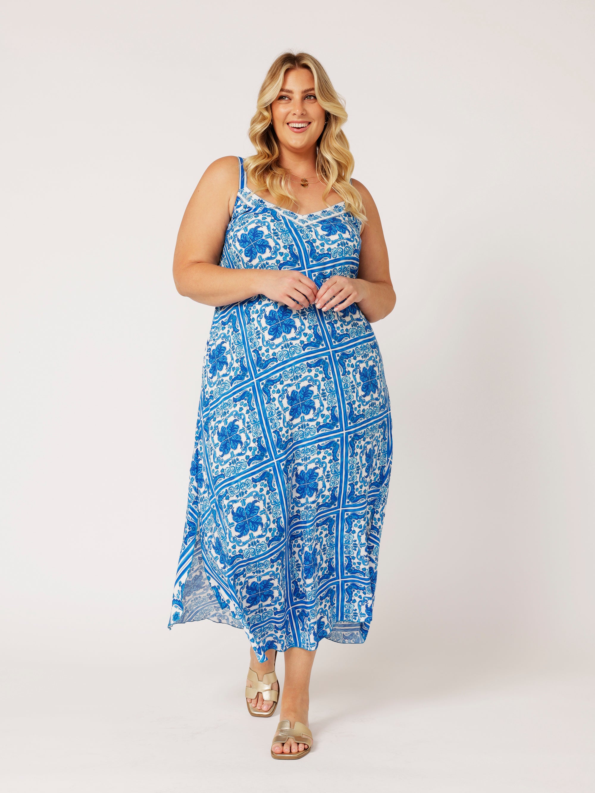 Saffron Road Maxi Slip Dress Mid Weight Rayon Amalfi Blue