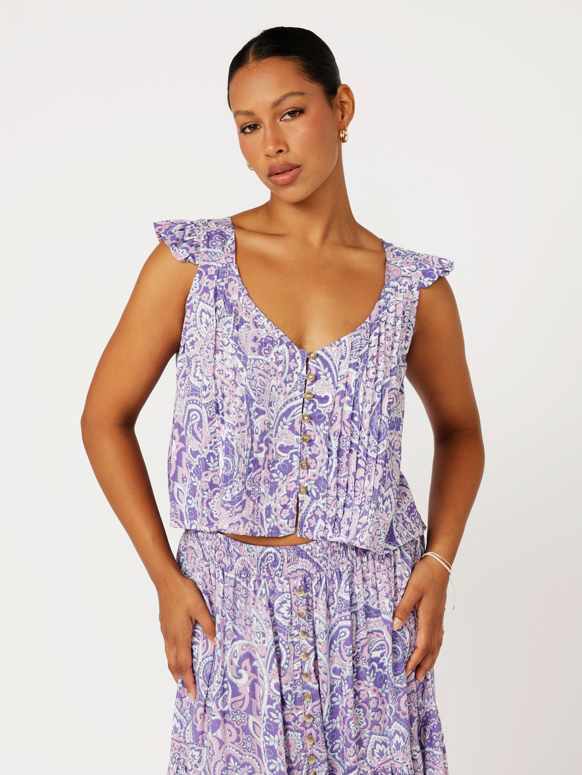 Santorini Singlet With Frill | Purple Paisley