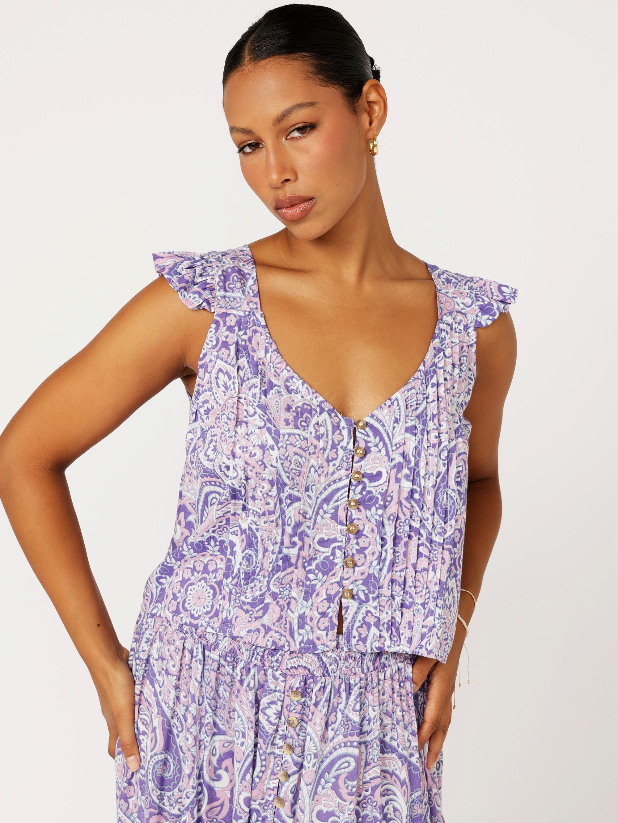 Santorini Singlet With Frill | Purple Paisley