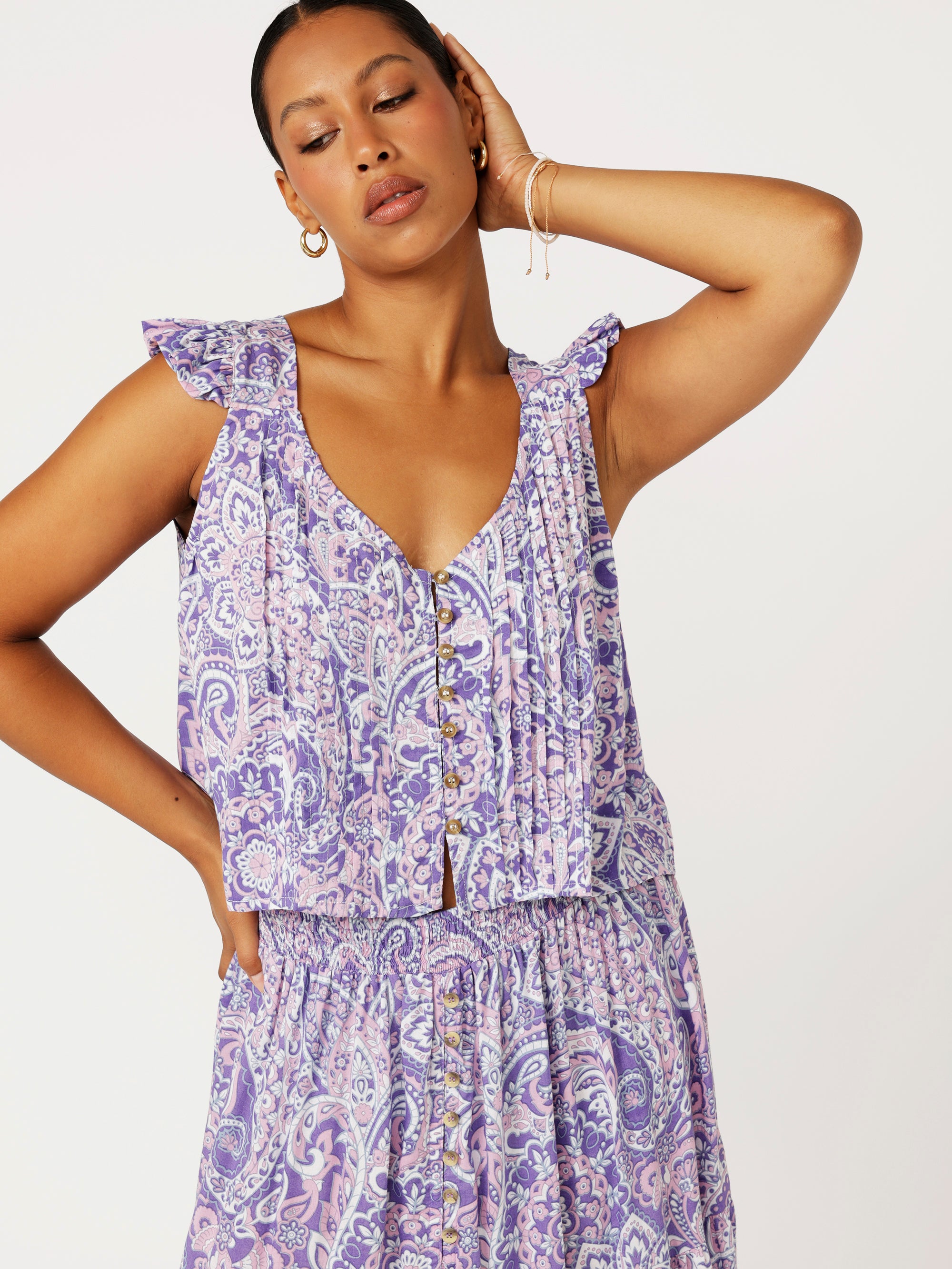 Santorini Singlet With Frill | Purple Paisley