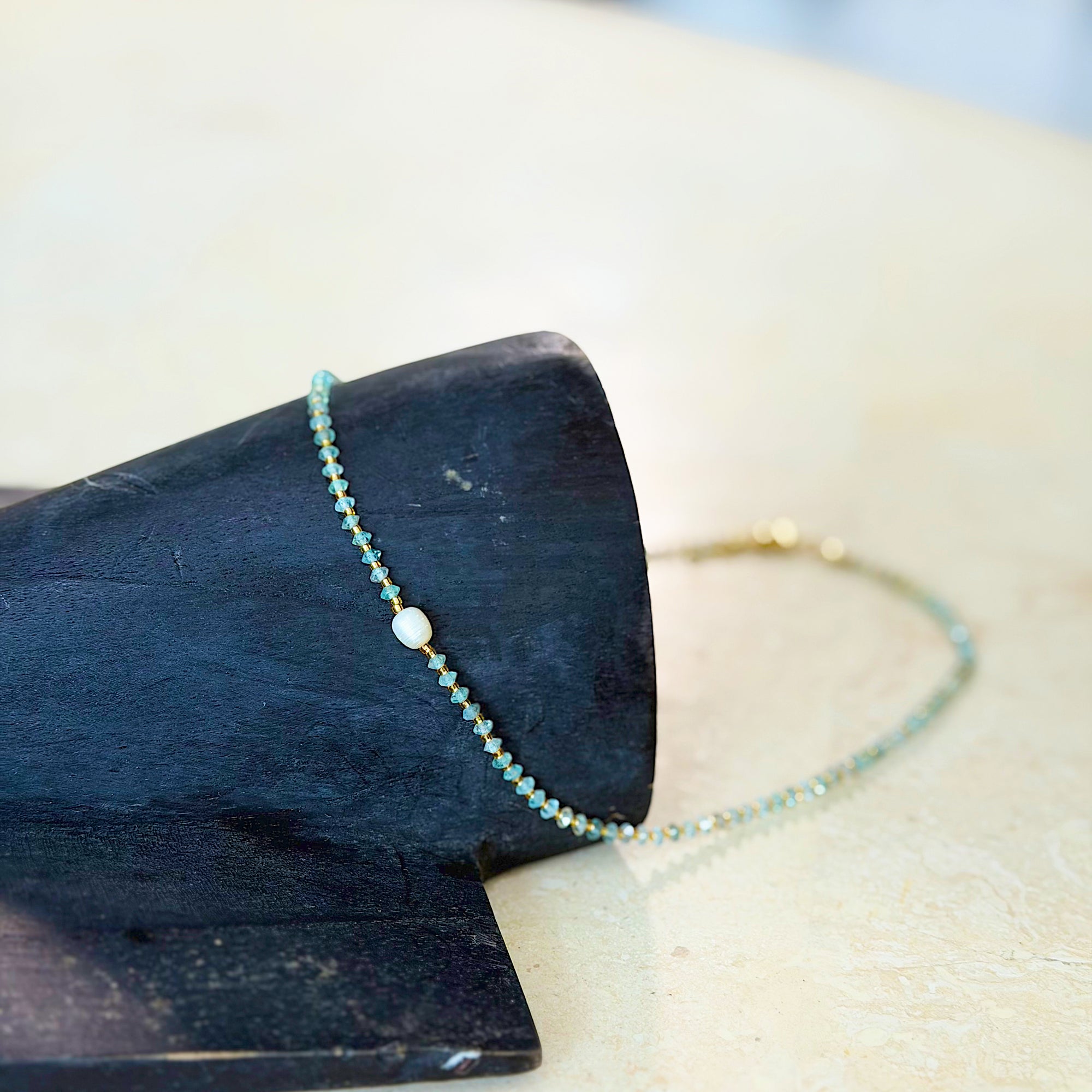 Necklace 18 | SHORT - Recycled Glass and Pearl Sea Green