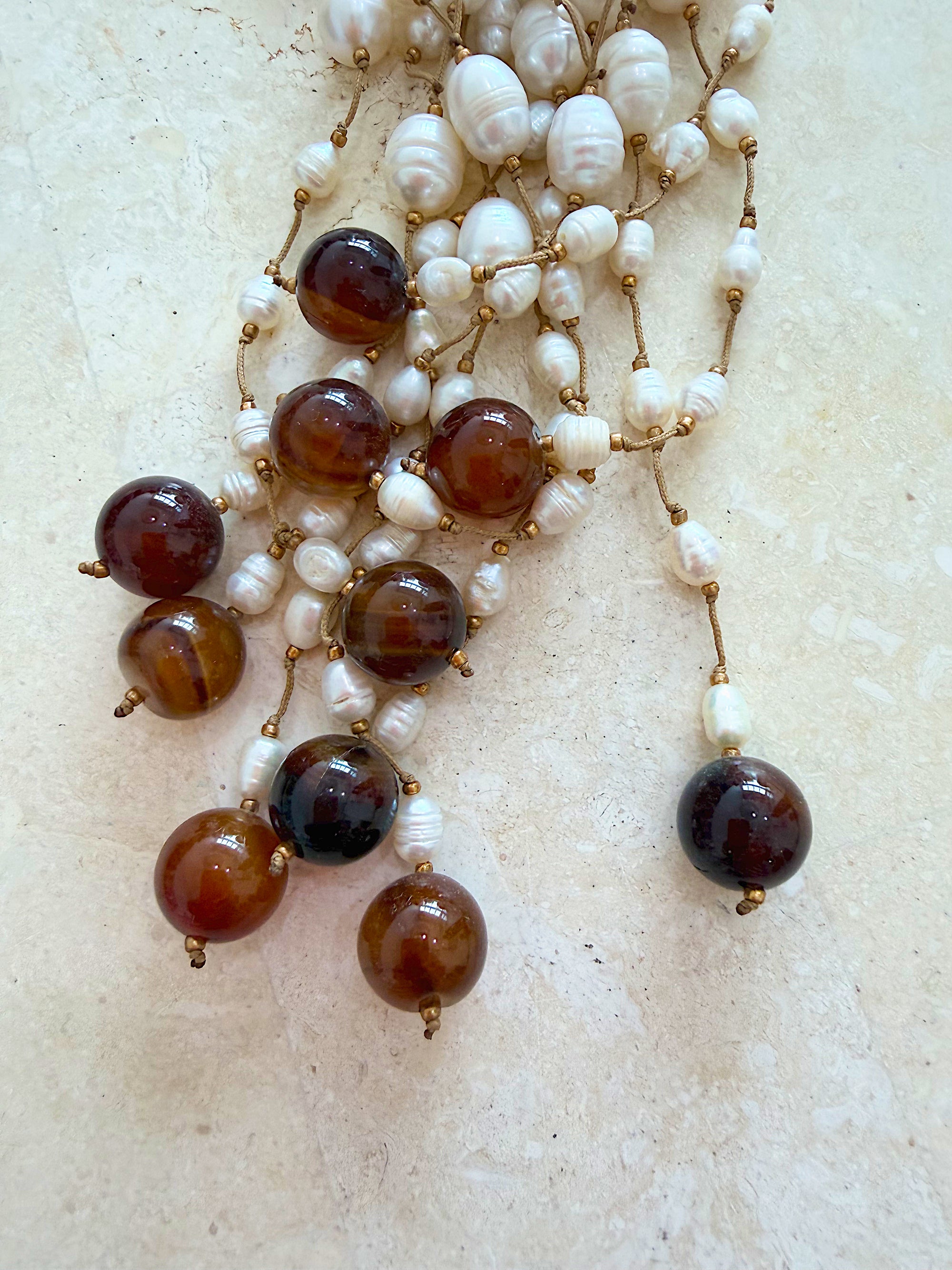 Necklace 22 | LONG - Freshwater Pearl with Agate Stone Amber
