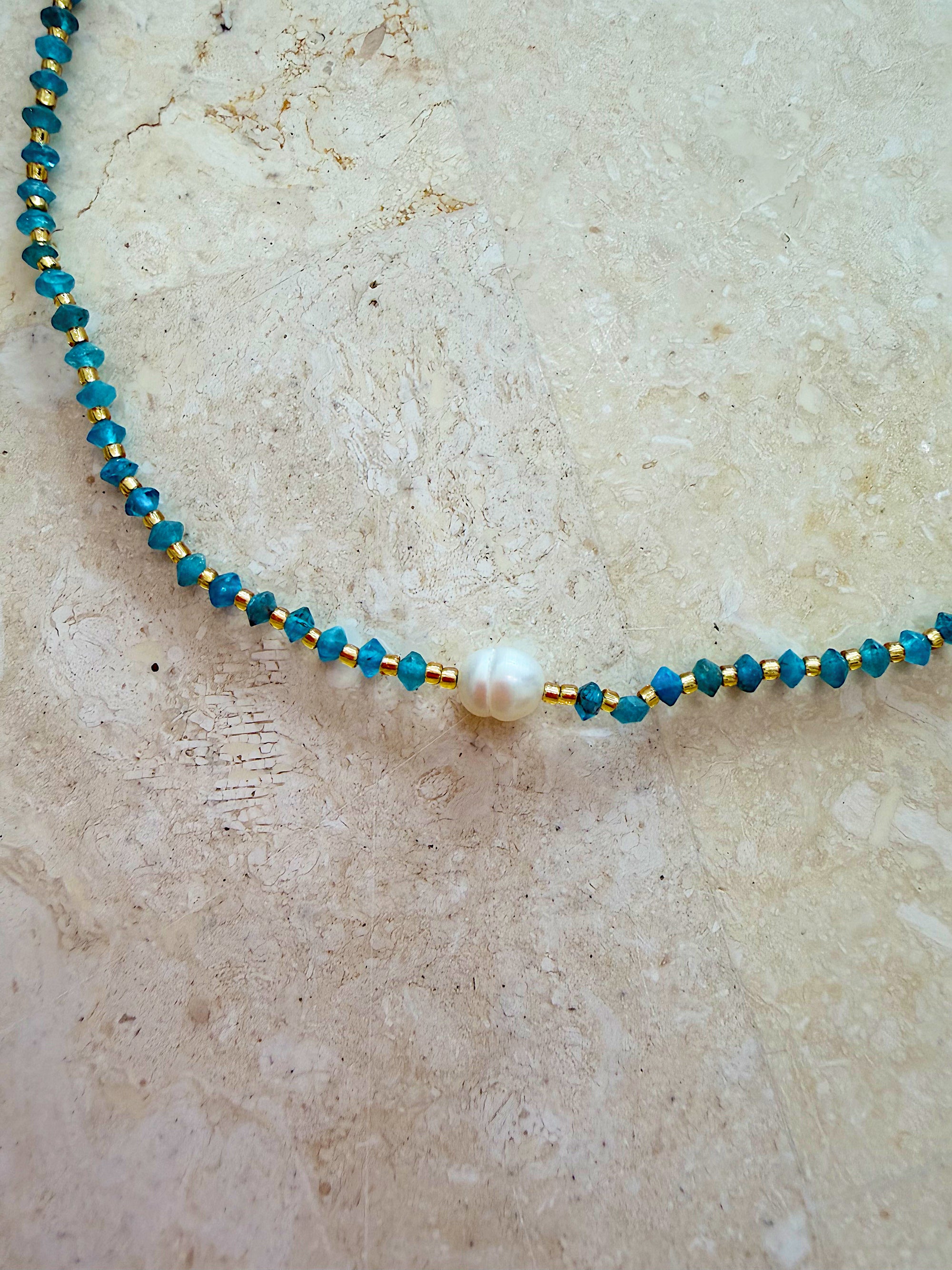 Necklace 17 | SHORT - Recycled Glass and Pearl Turquoise Blue