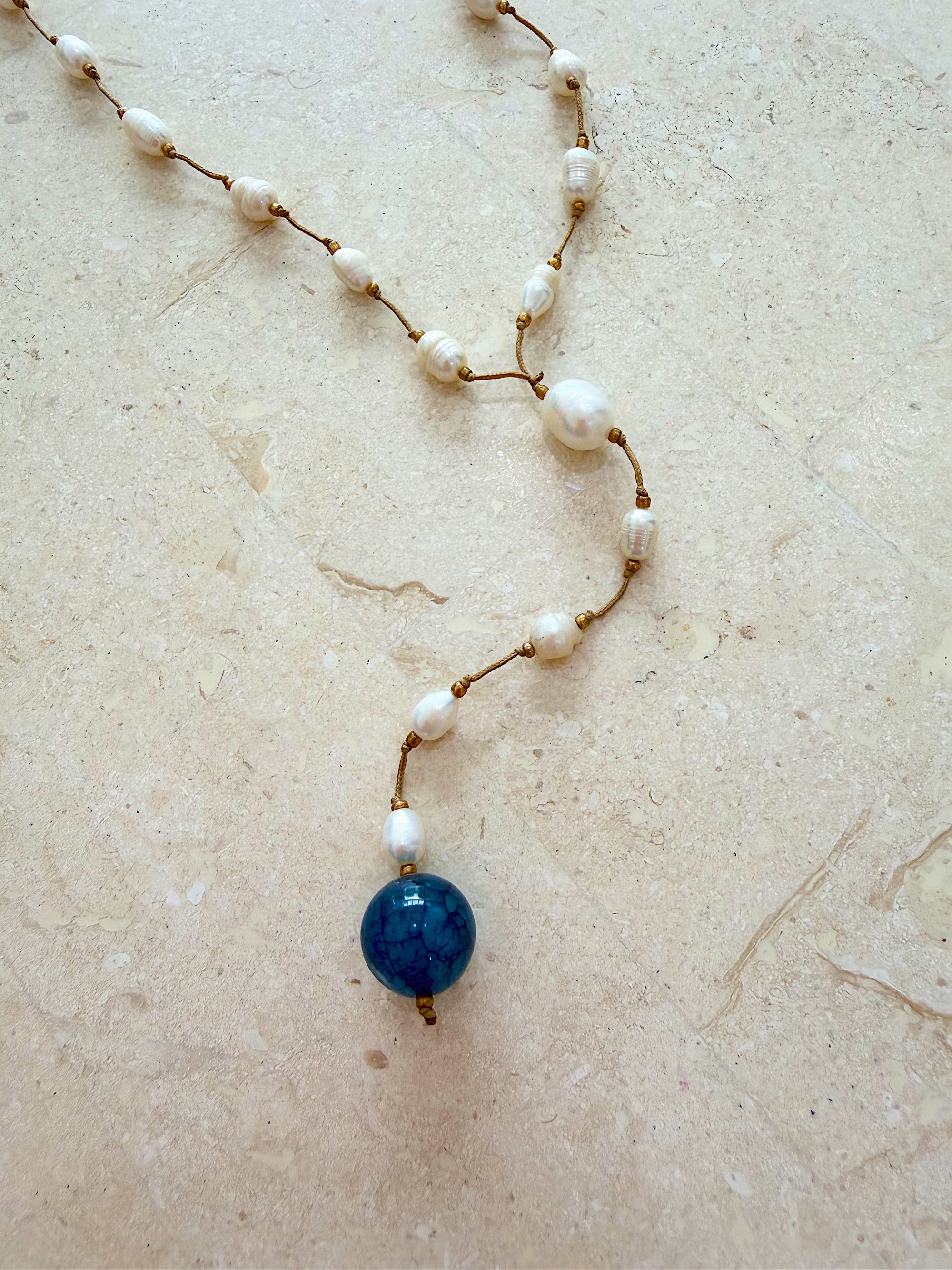 Necklace 21 | LONG - Freshwater Pearl with Agate Stone Blue