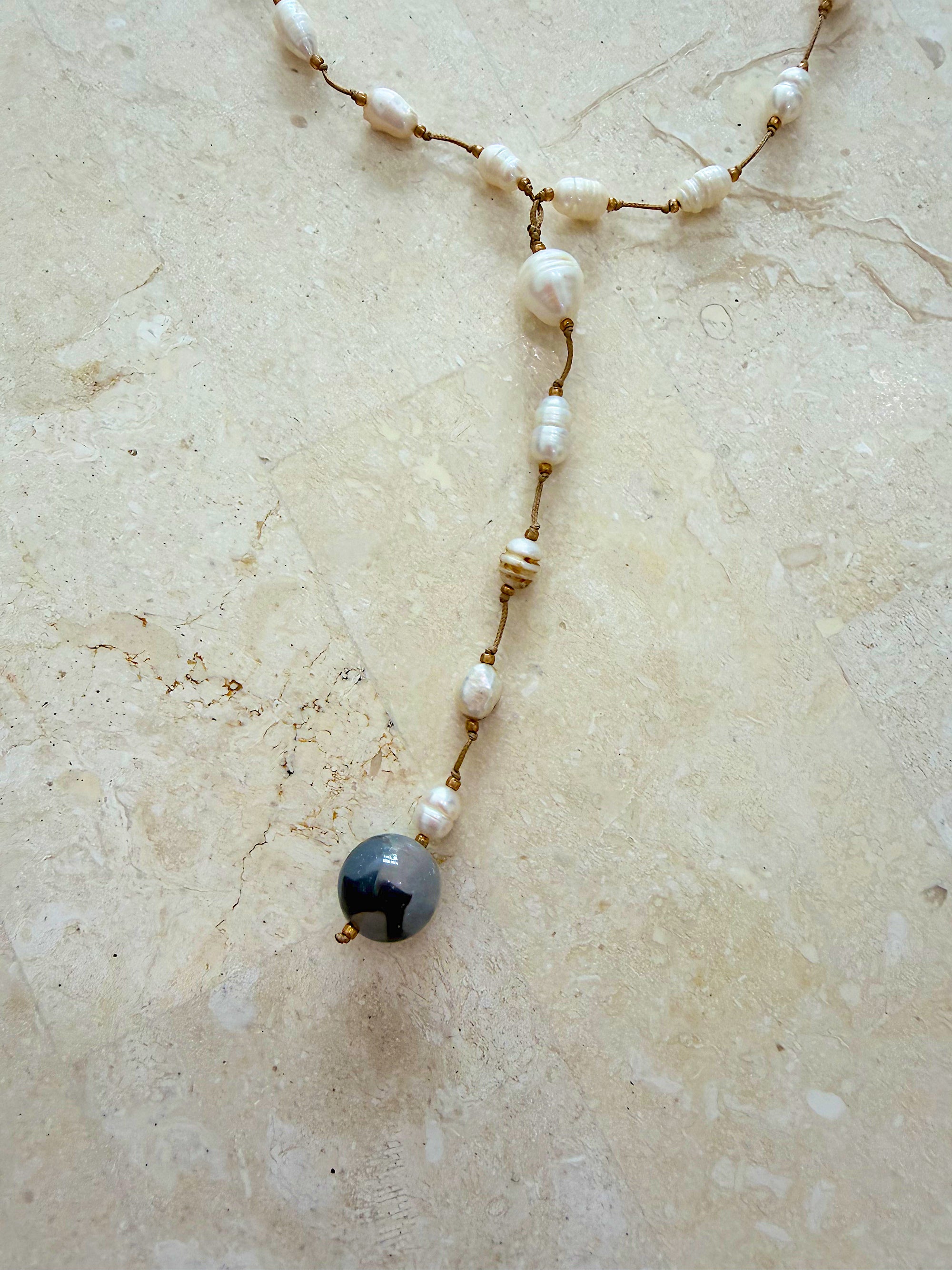 Necklace 20 | LONG - Freshwater Pearl with Agate Stone Silver