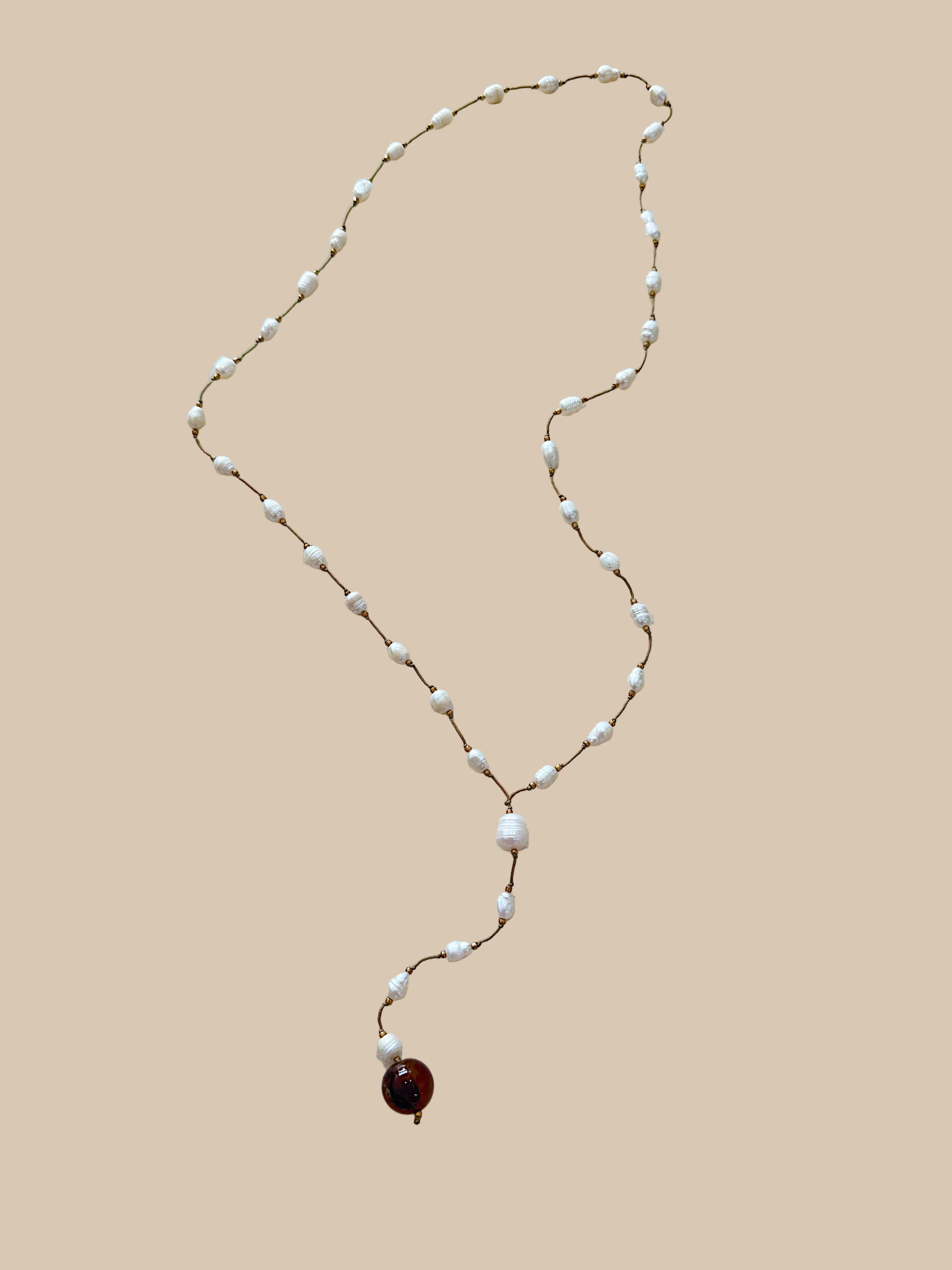Necklace 22 | LONG - Freshwater Pearl with Agate Stone Amber