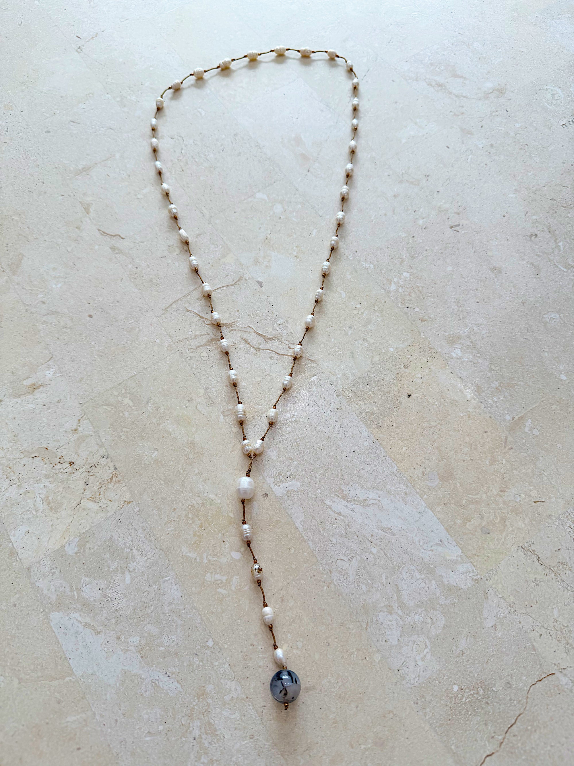 Necklace 20 | LONG - Freshwater Pearl with Agate Stone Silver