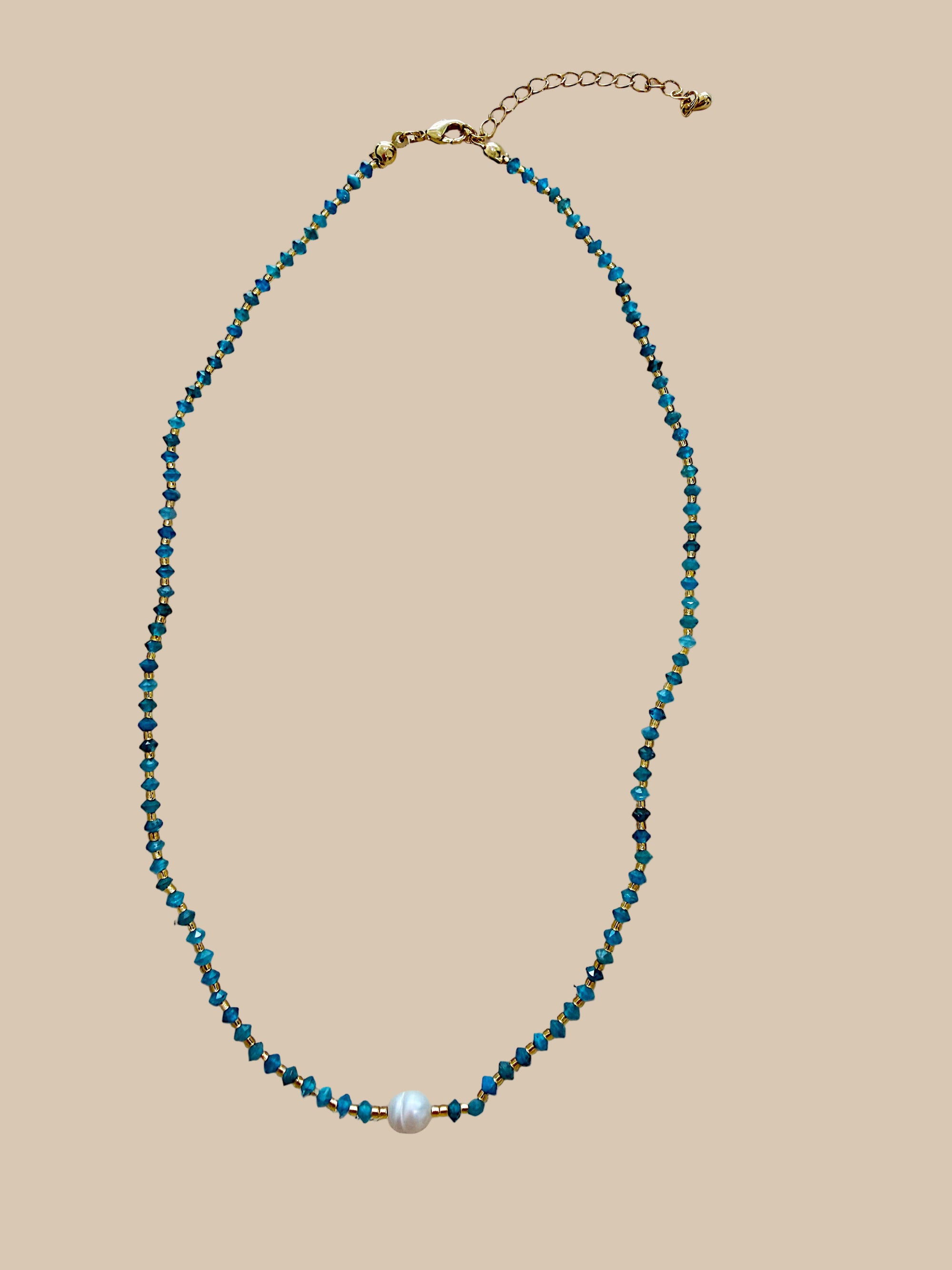 Necklace 17 | SHORT - Recycled Glass and Pearl Turquoise Blue