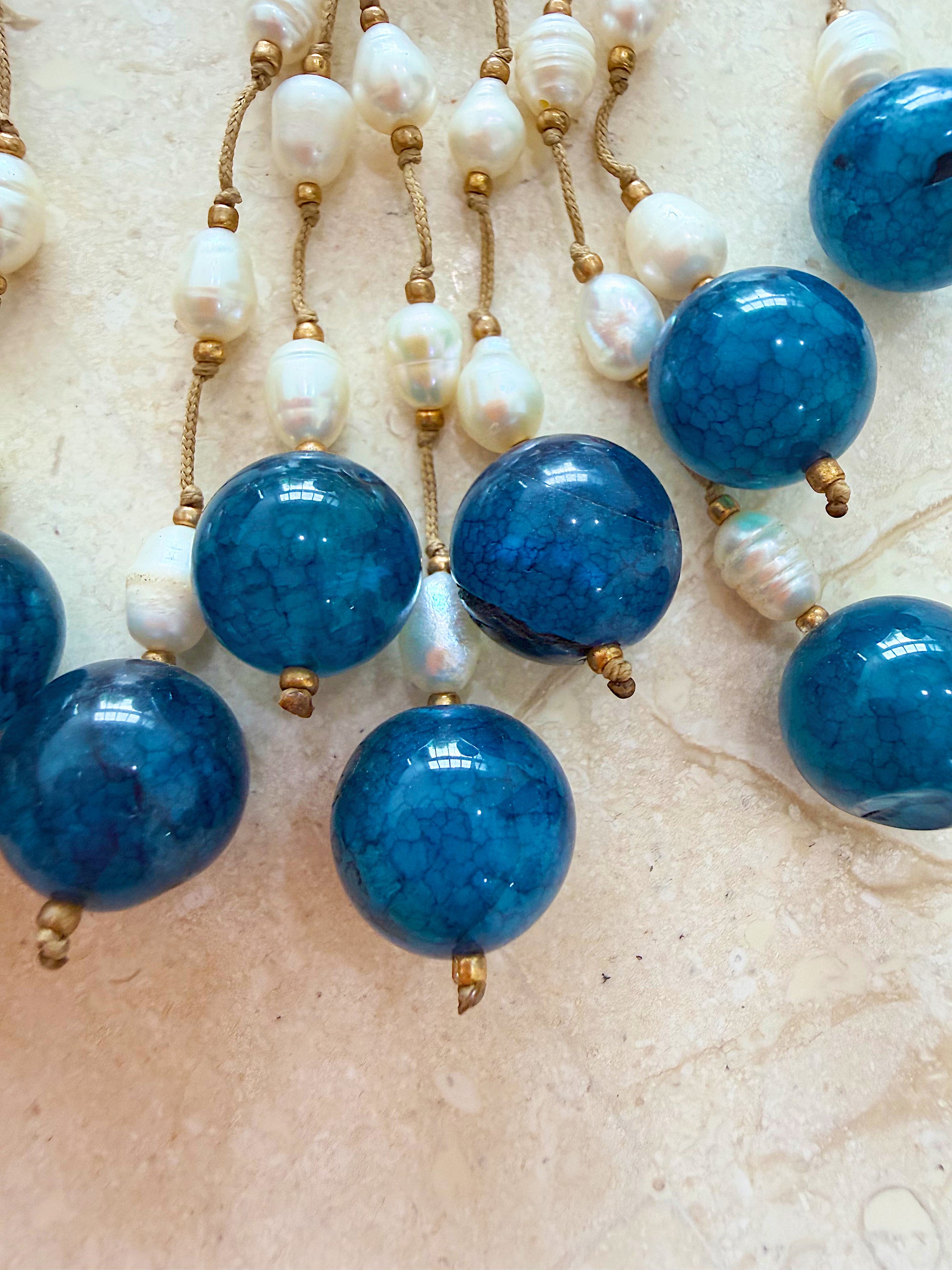 Necklace 21 | LONG - Freshwater Pearl with Agate Stone Blue