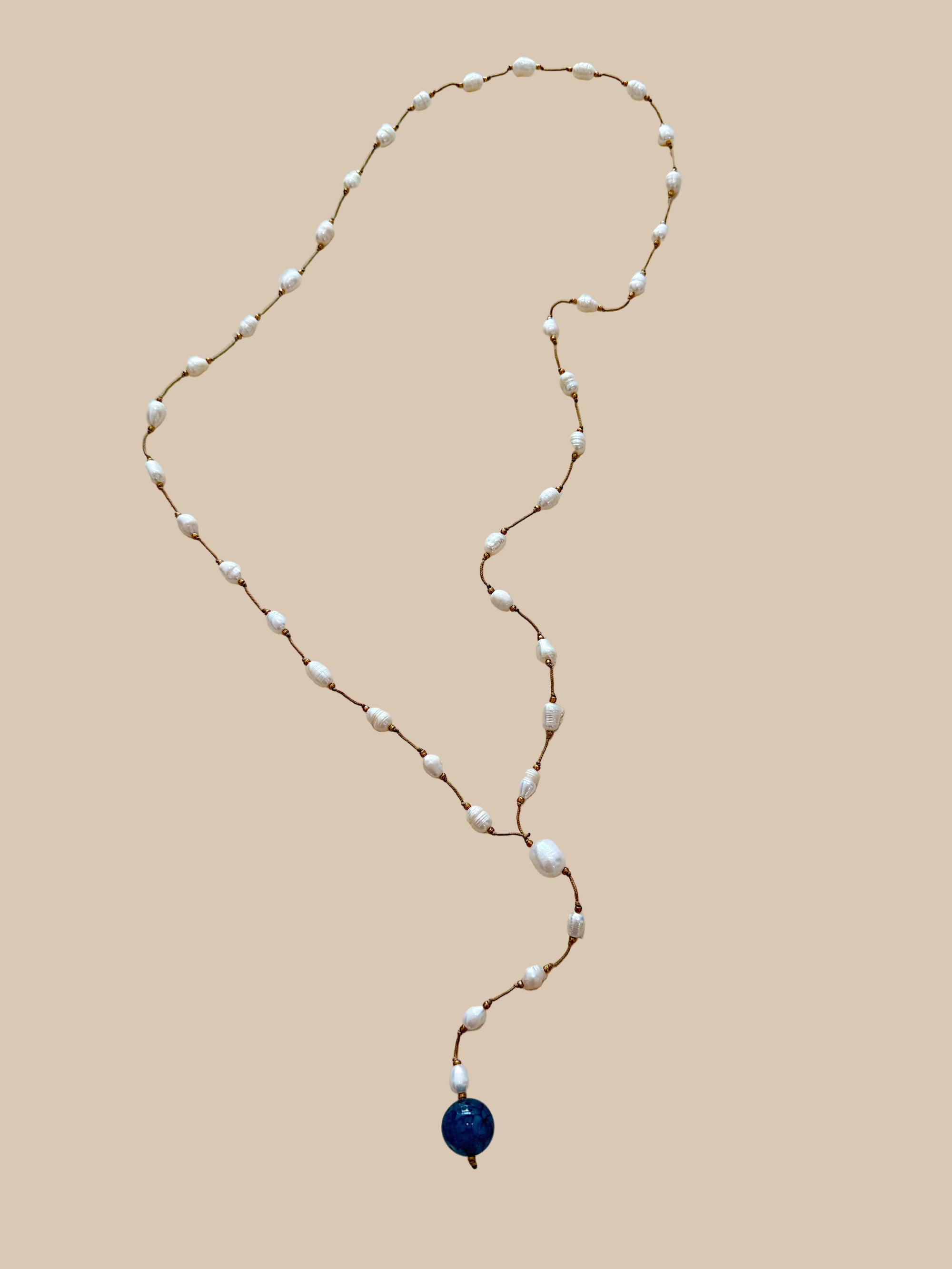 Necklace 21 | LONG - Freshwater Pearl with Agate Stone Blue