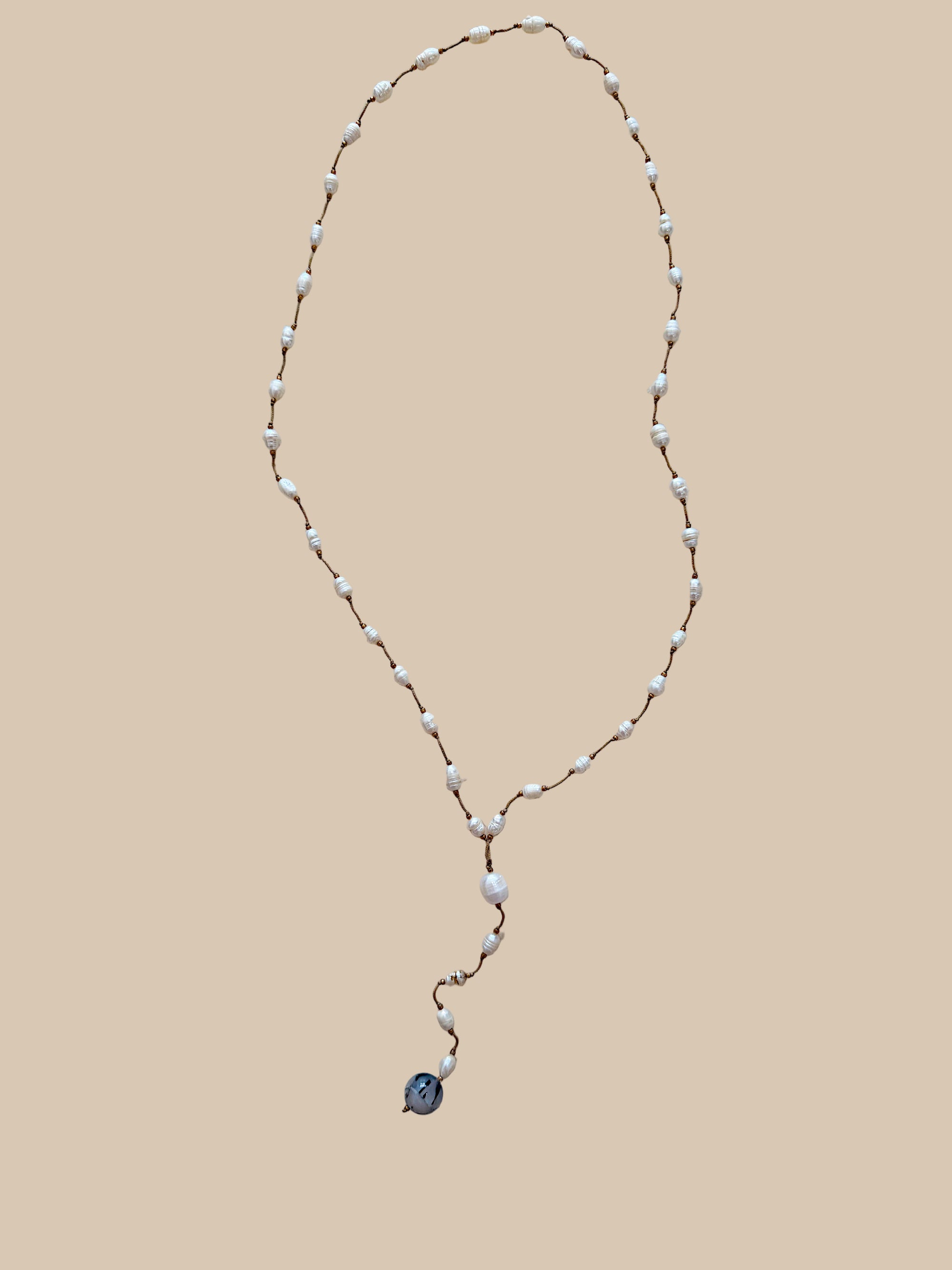 Necklace 20 | LONG - Freshwater Pearl with Agate Stone Silver