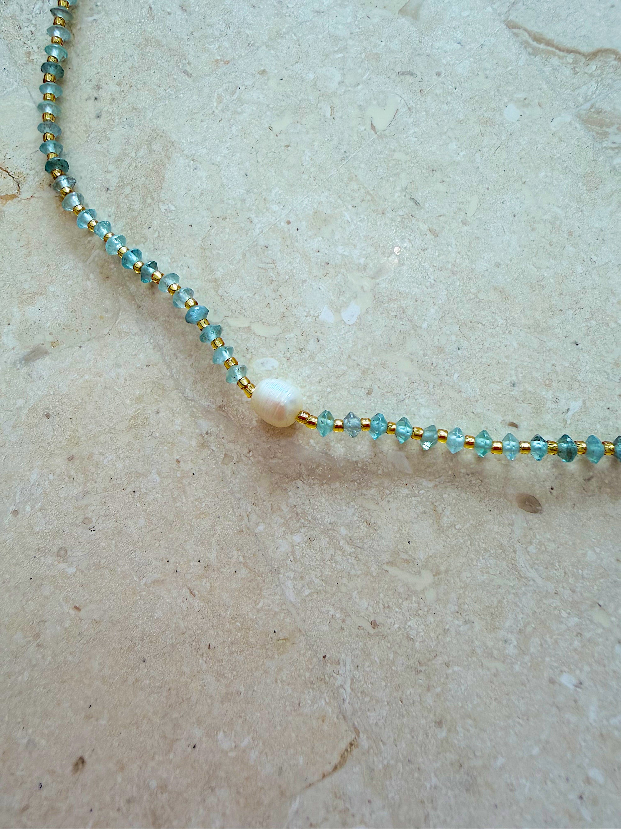 Necklace 18 | SHORT - Recycled Glass and Pearl Sea Green