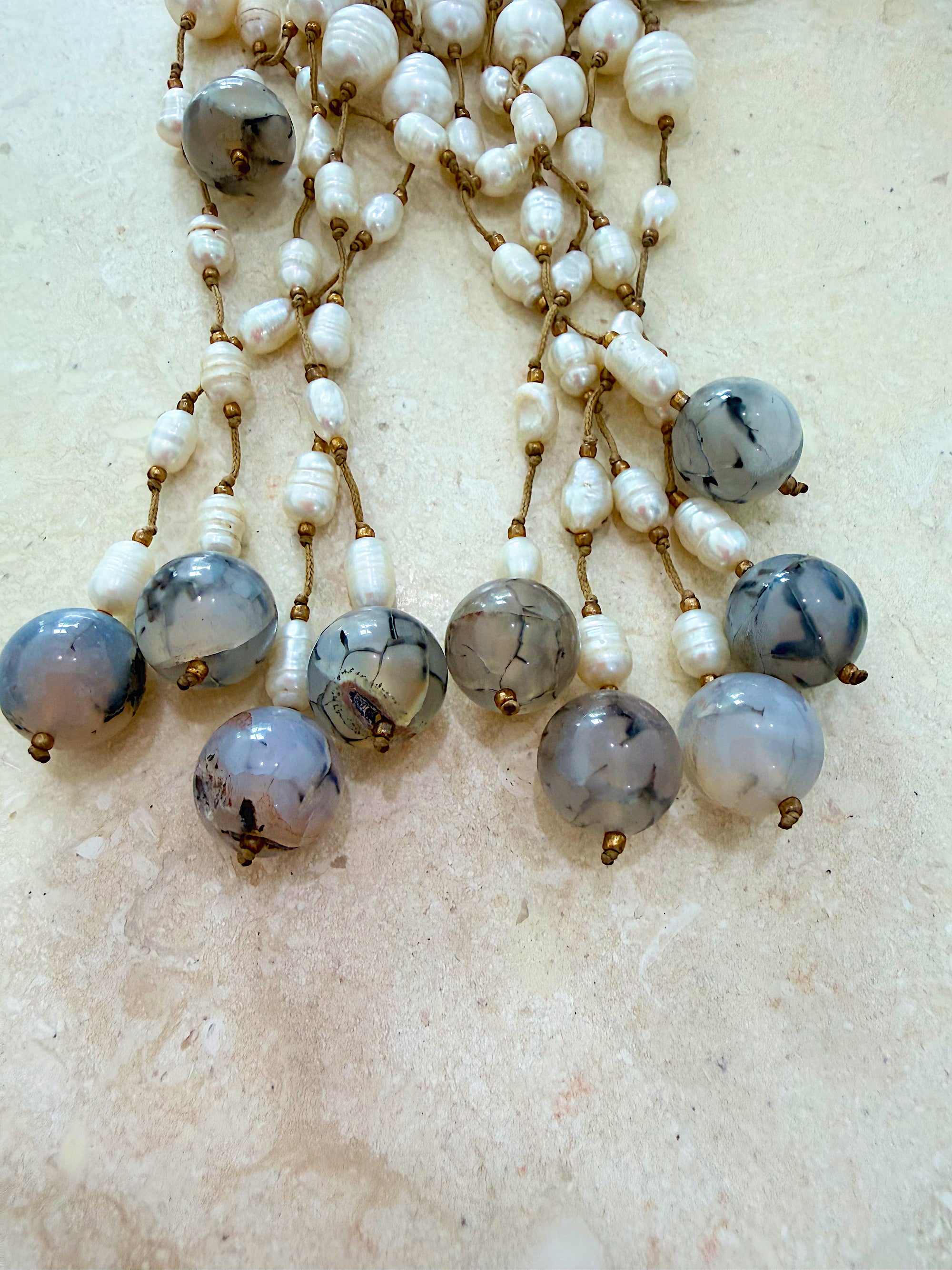 Necklace 20 | LONG - Freshwater Pearl with Agate Stone Silver