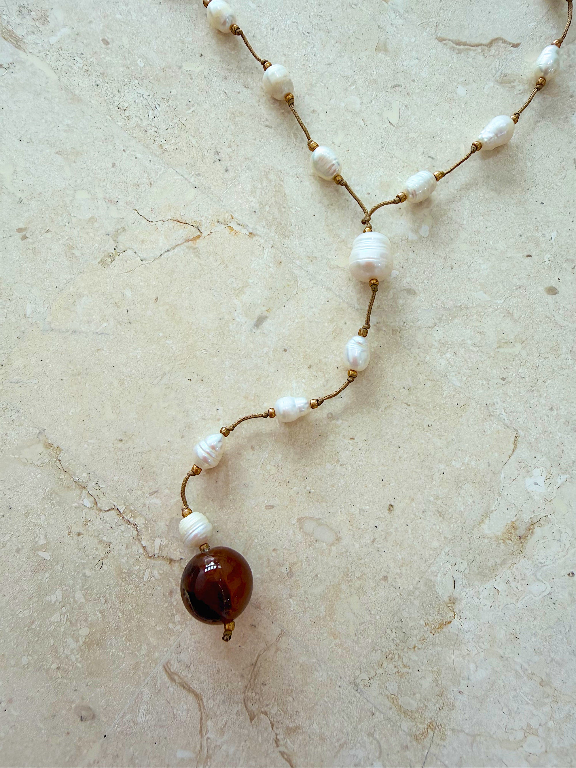 Necklace 22 | LONG - Freshwater Pearl with Agate Stone Amber