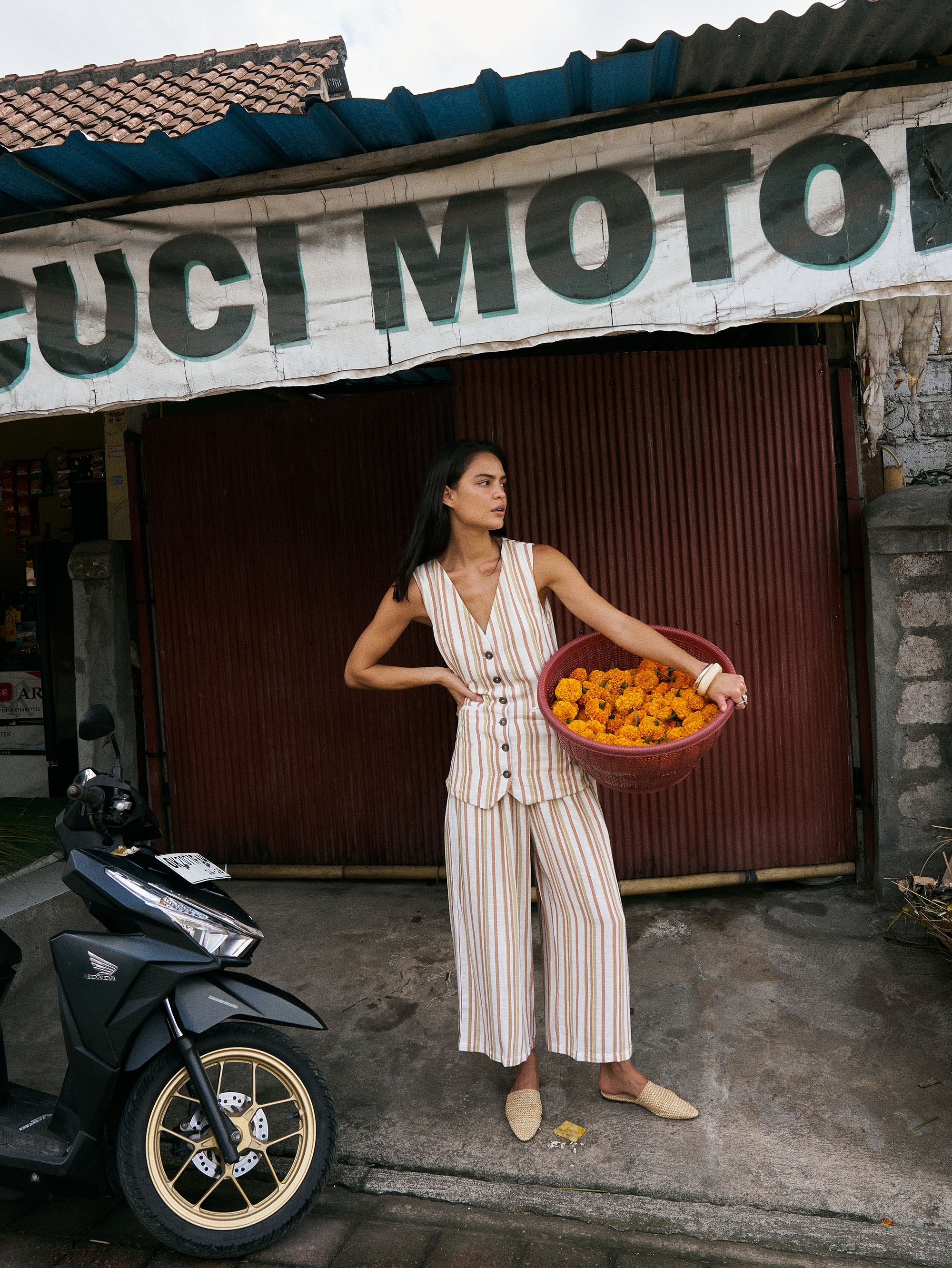 Island Pant | Sand Stripe | Linen Viscose - Saffron Road