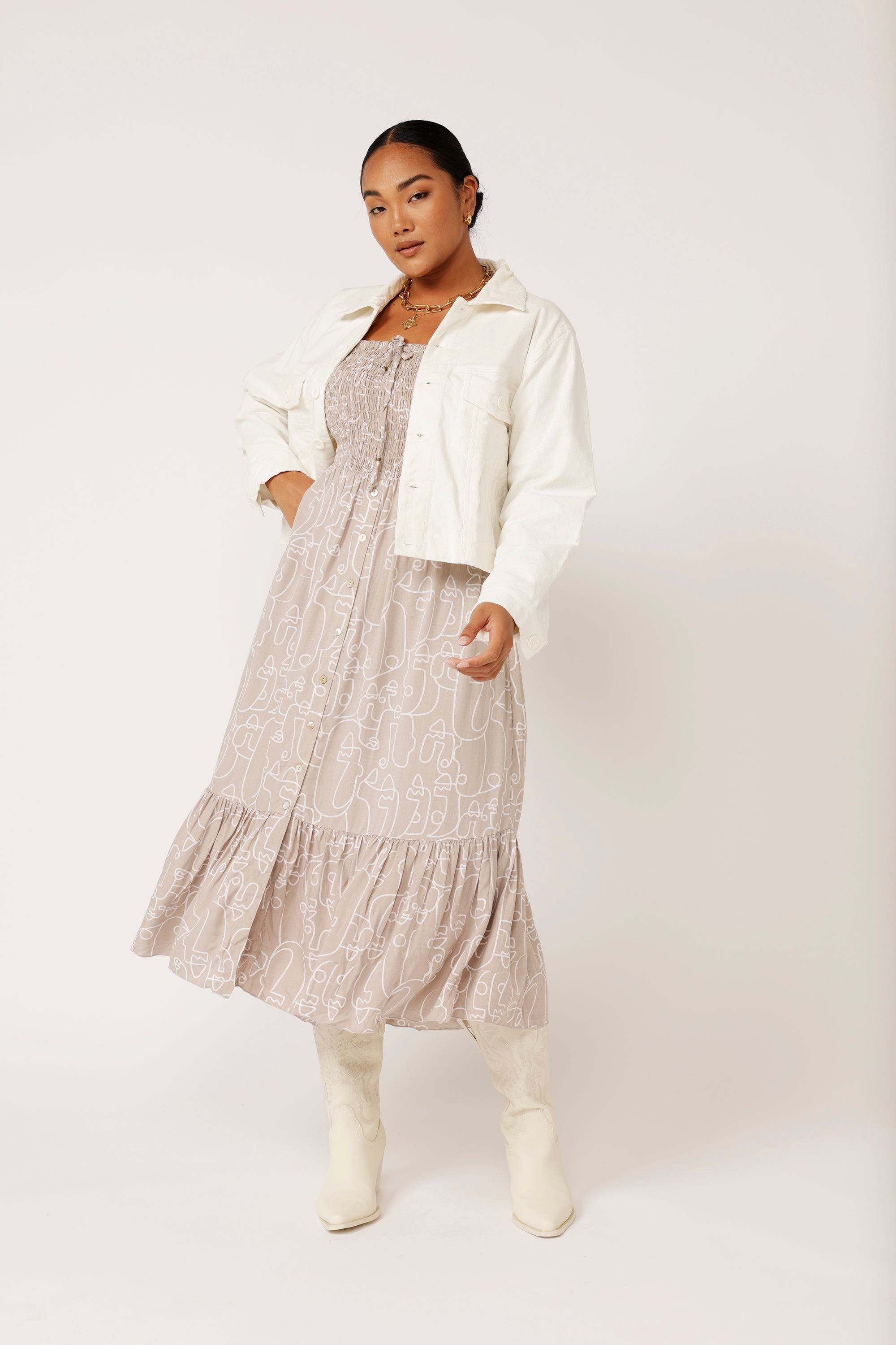 Harper Midi Dress | Beige Portrait - Saffron Road
