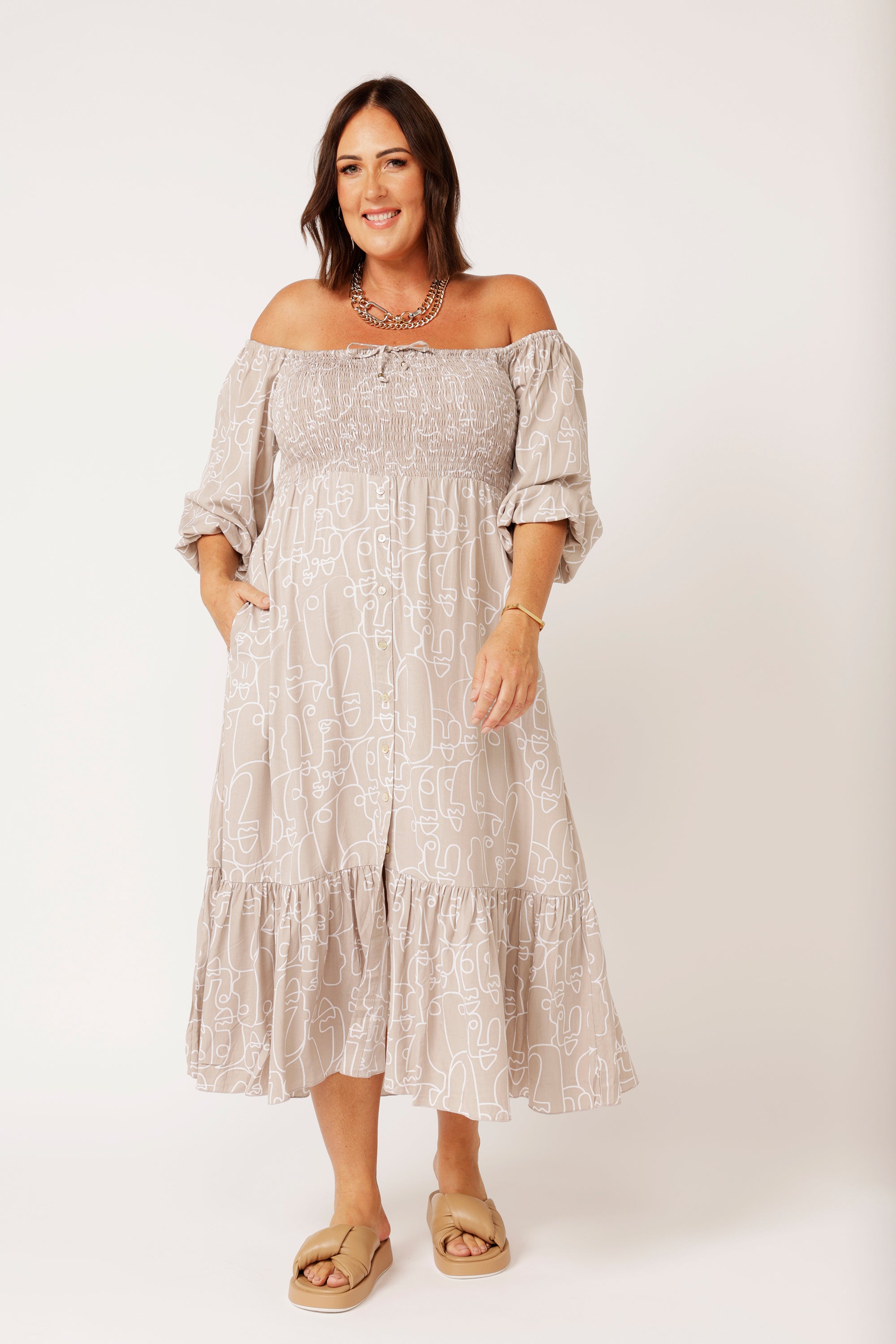 Harper Midi Dress | Beige Portrait - Saffron Road