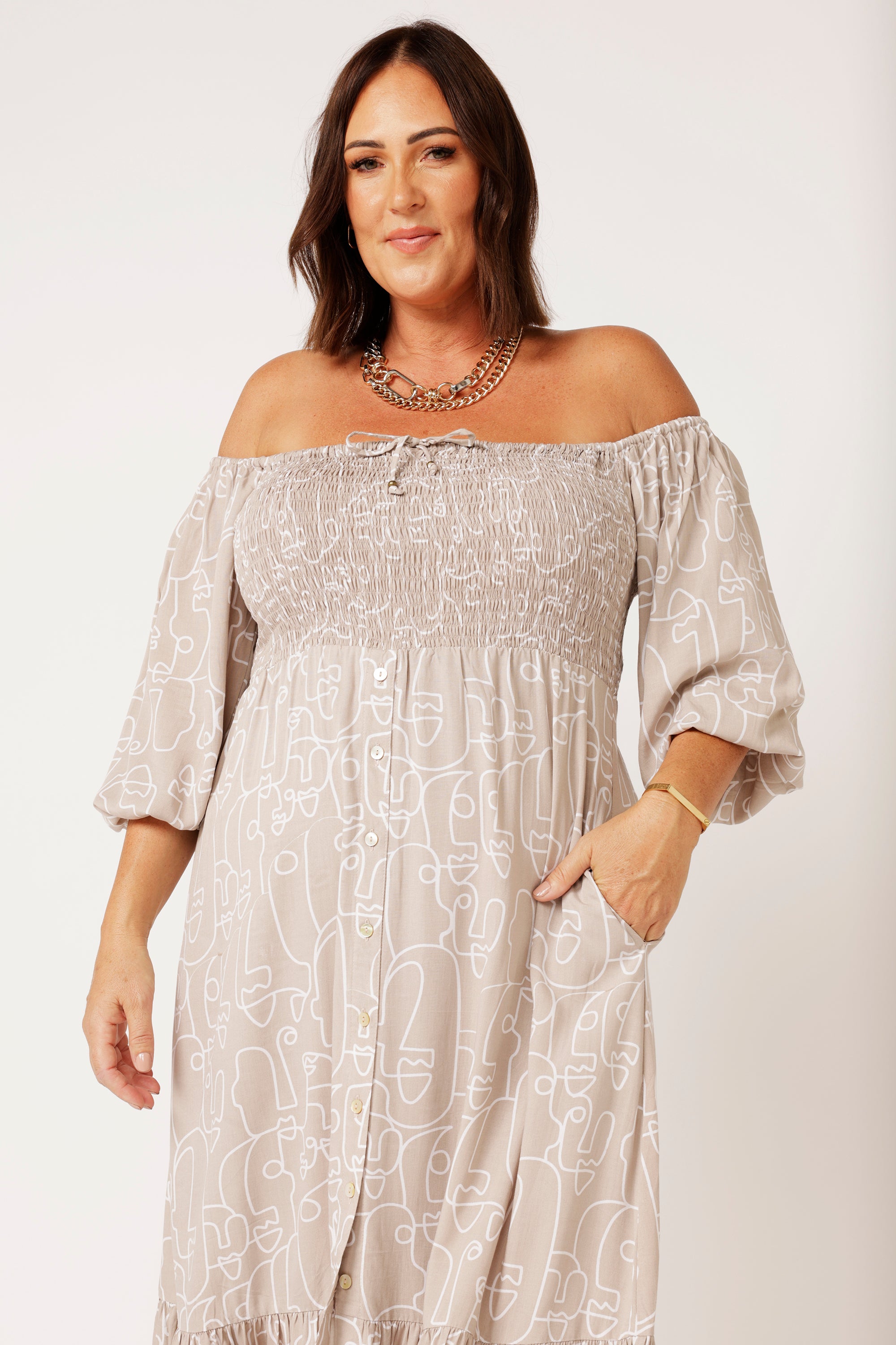 Harper Midi Dress | Beige Portrait - Saffron Road