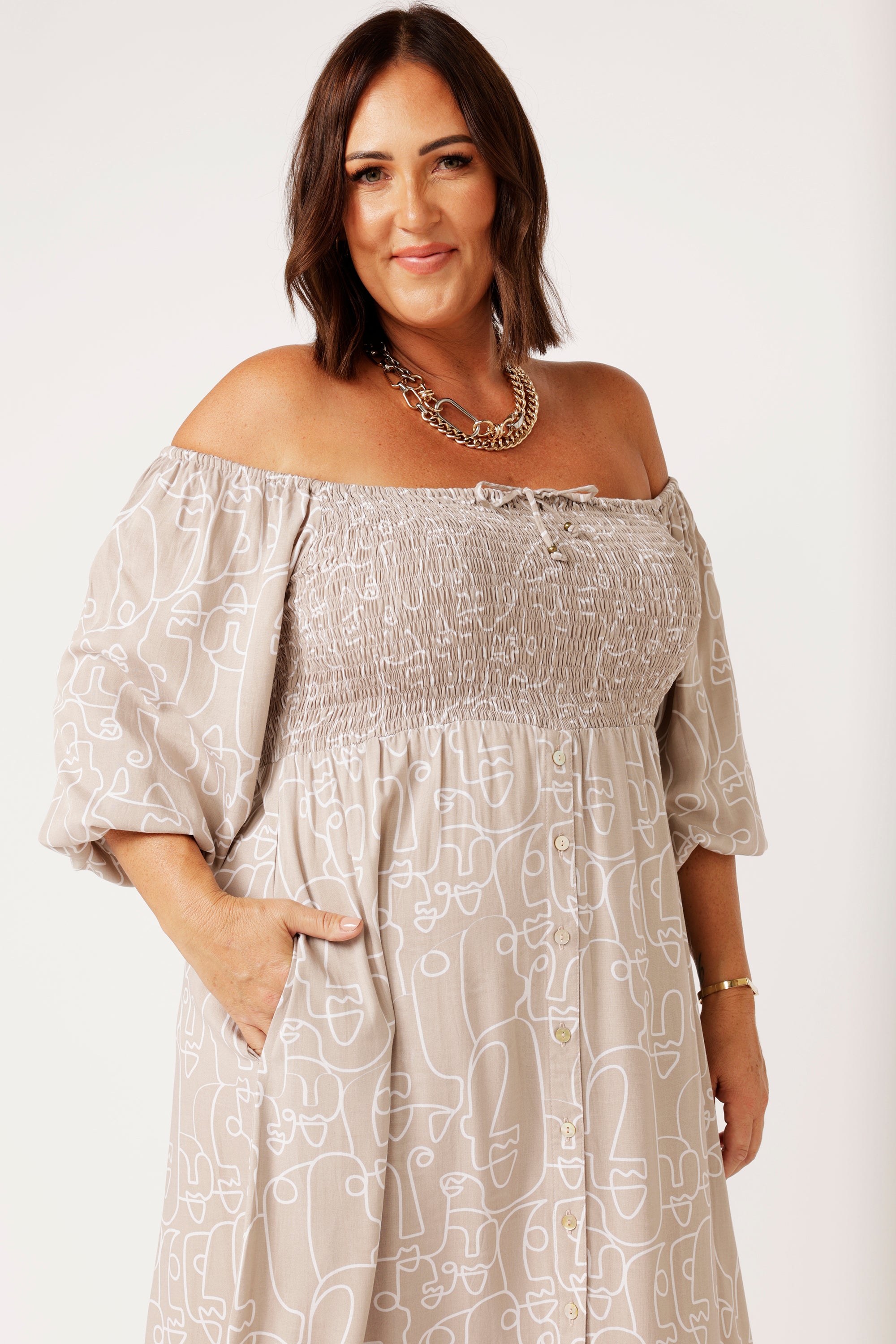 Harper Midi Dress | Beige Portrait - Saffron Road