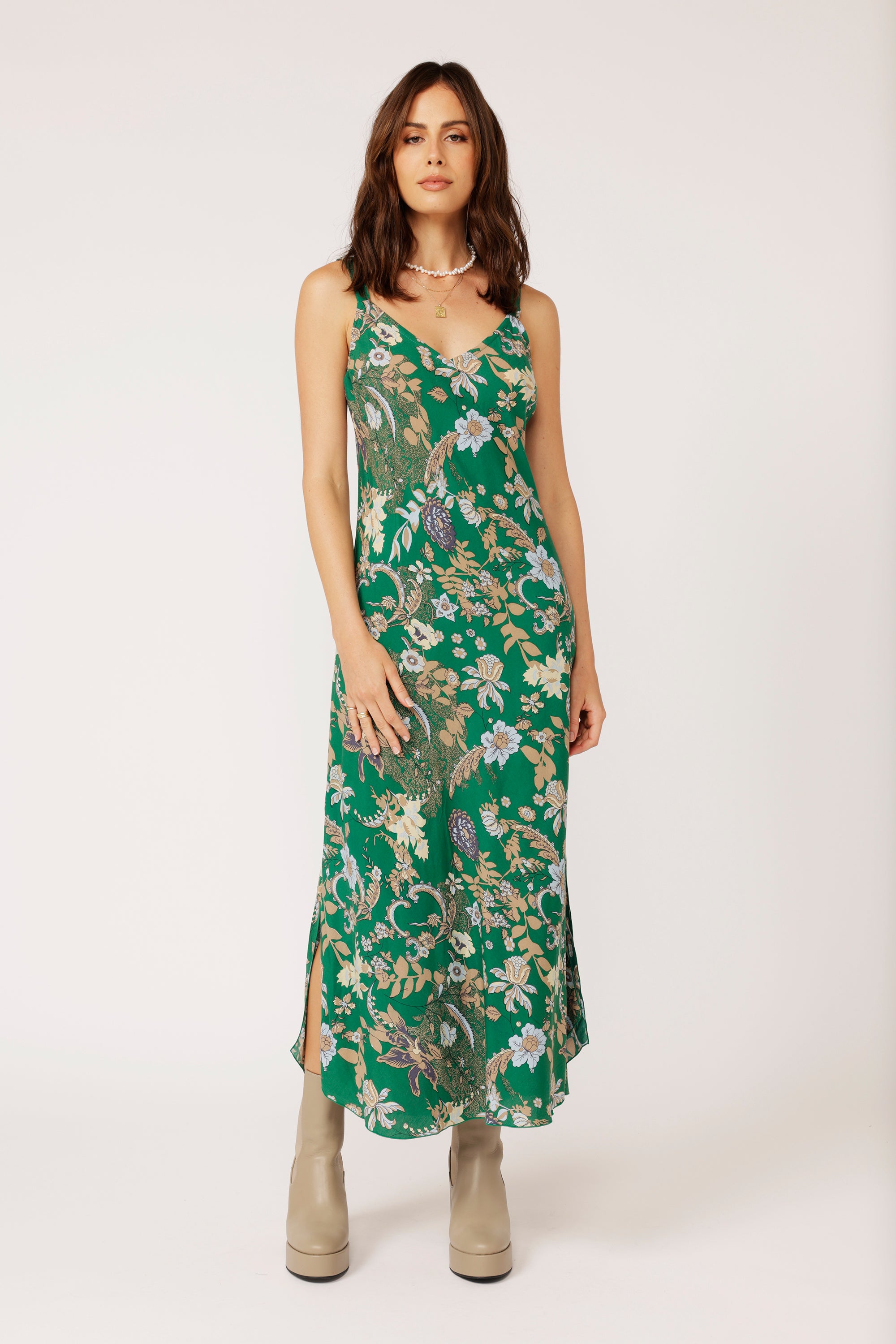 Slip Dress MAXI Midnight Garden Green - Saffron Road