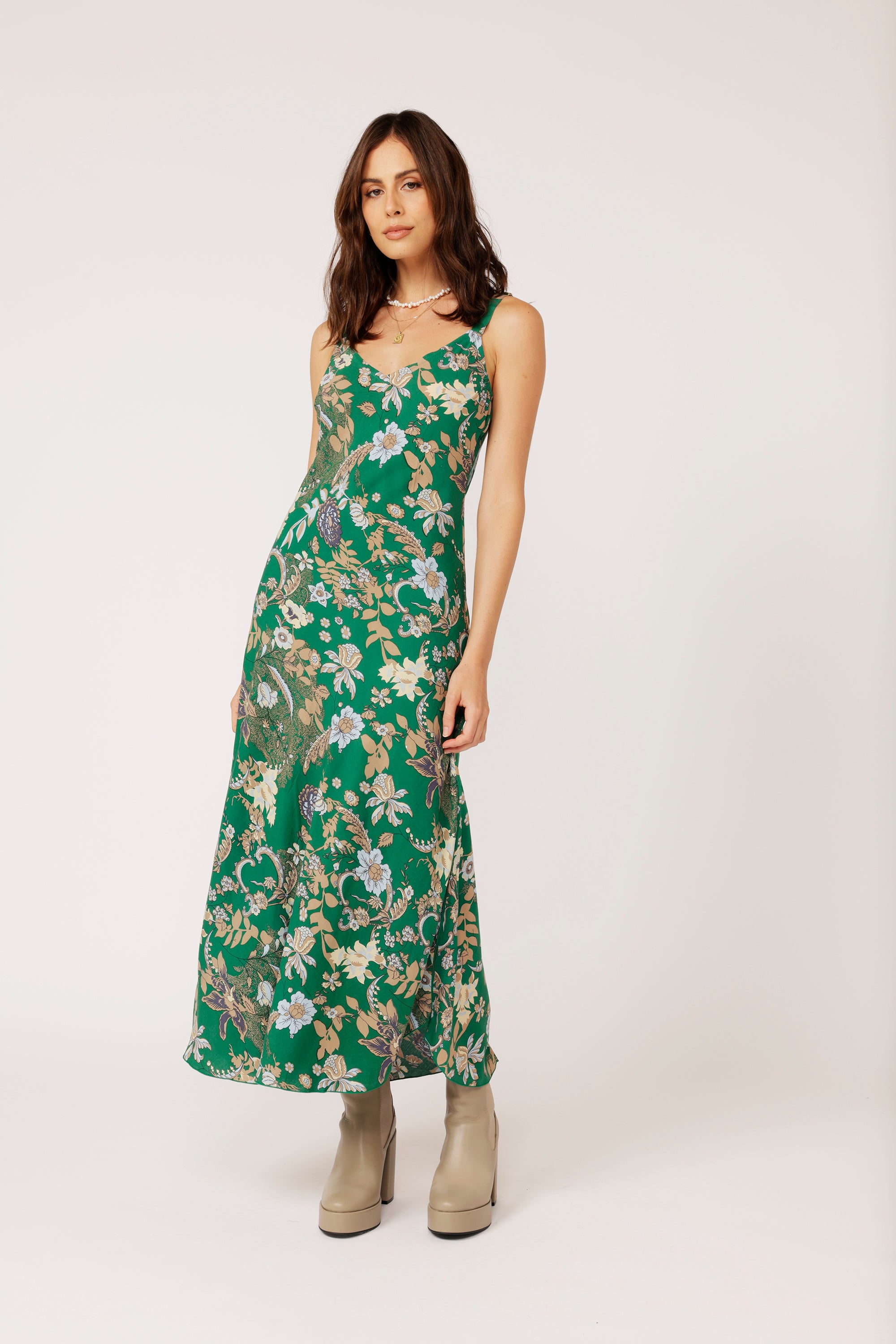 Slip Dress MAXI Midnight Garden Green - Saffron Road