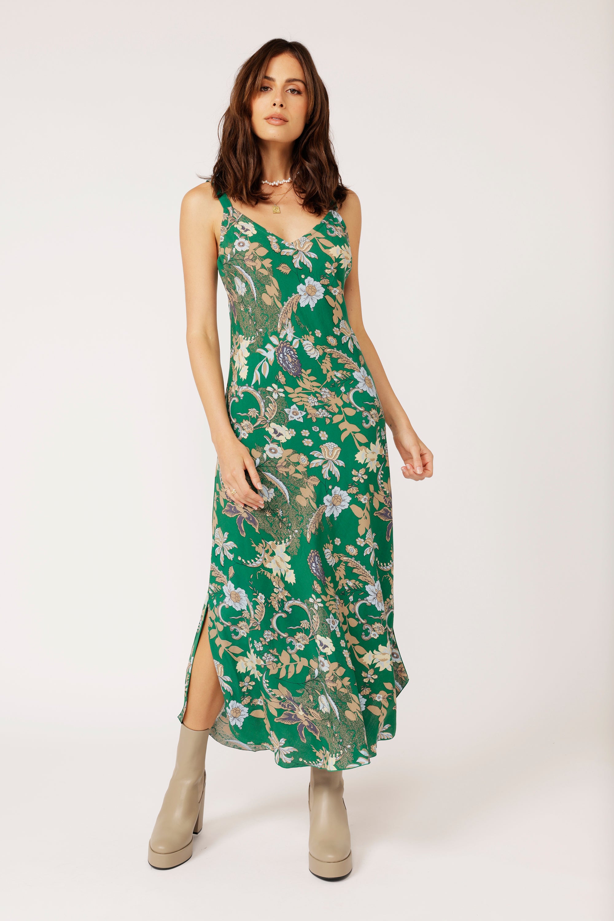 Slip Dress MAXI Midnight Garden Green - Saffron Road