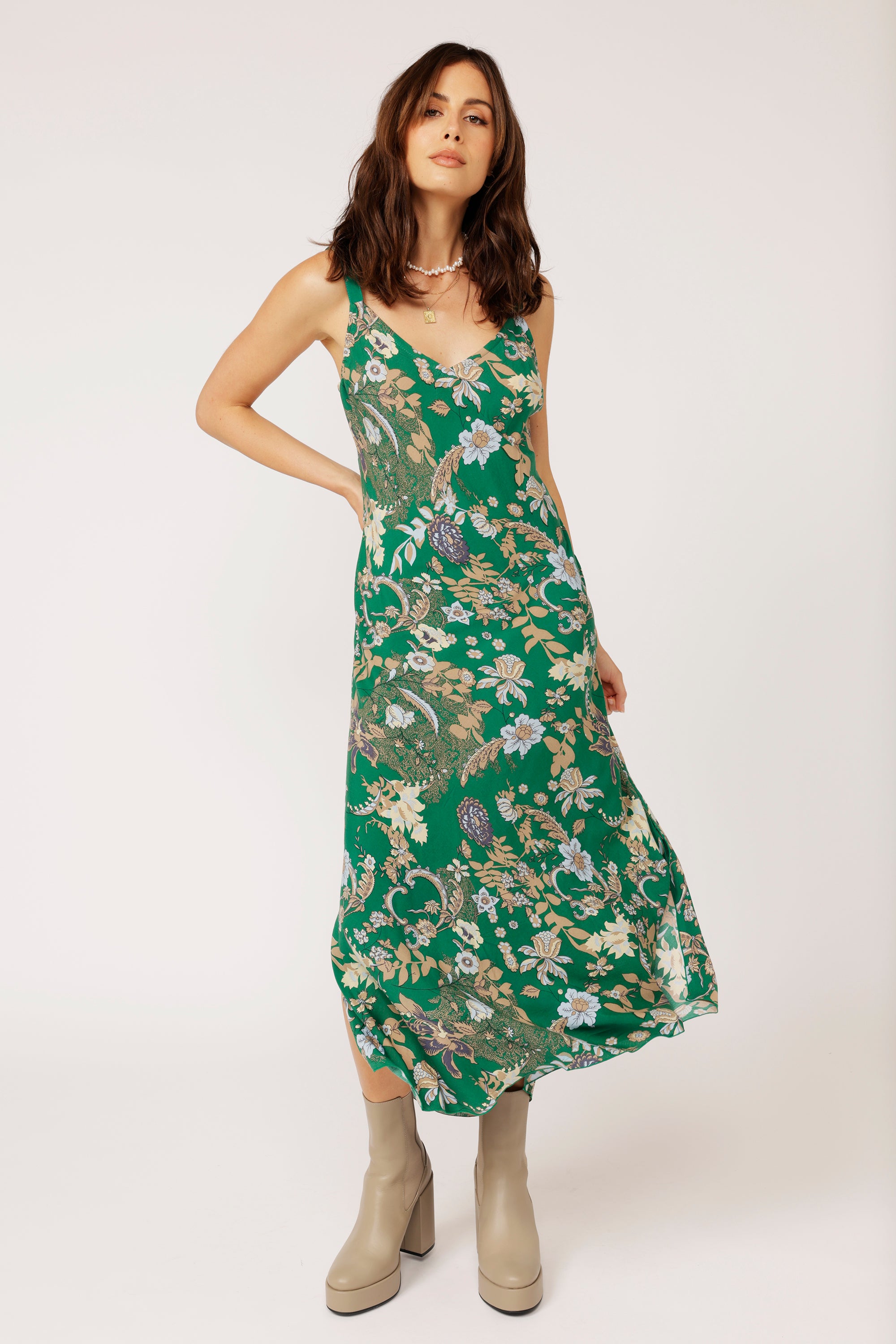 Slip Dress MAXI Midnight Garden Green - Saffron Road