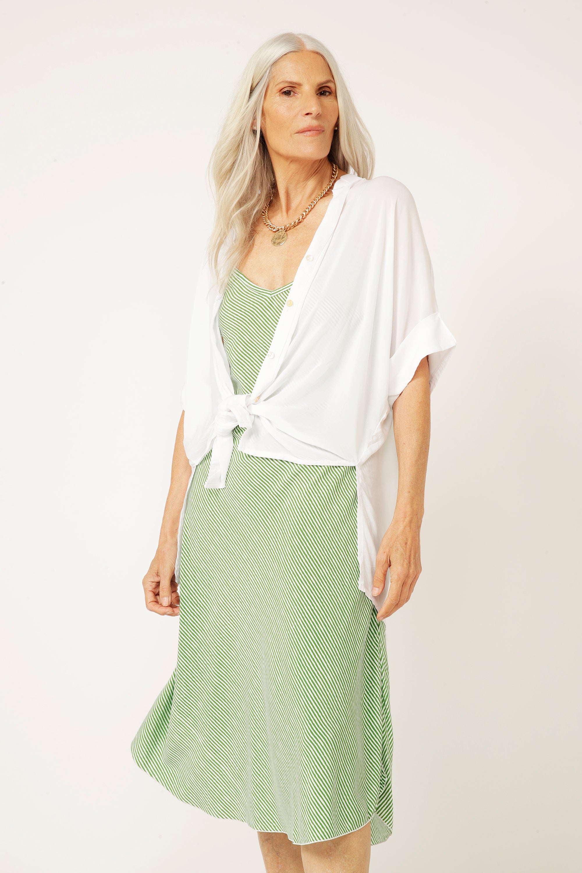Slip Dress MIDI (new length) | Green Stripe - Saffron Road