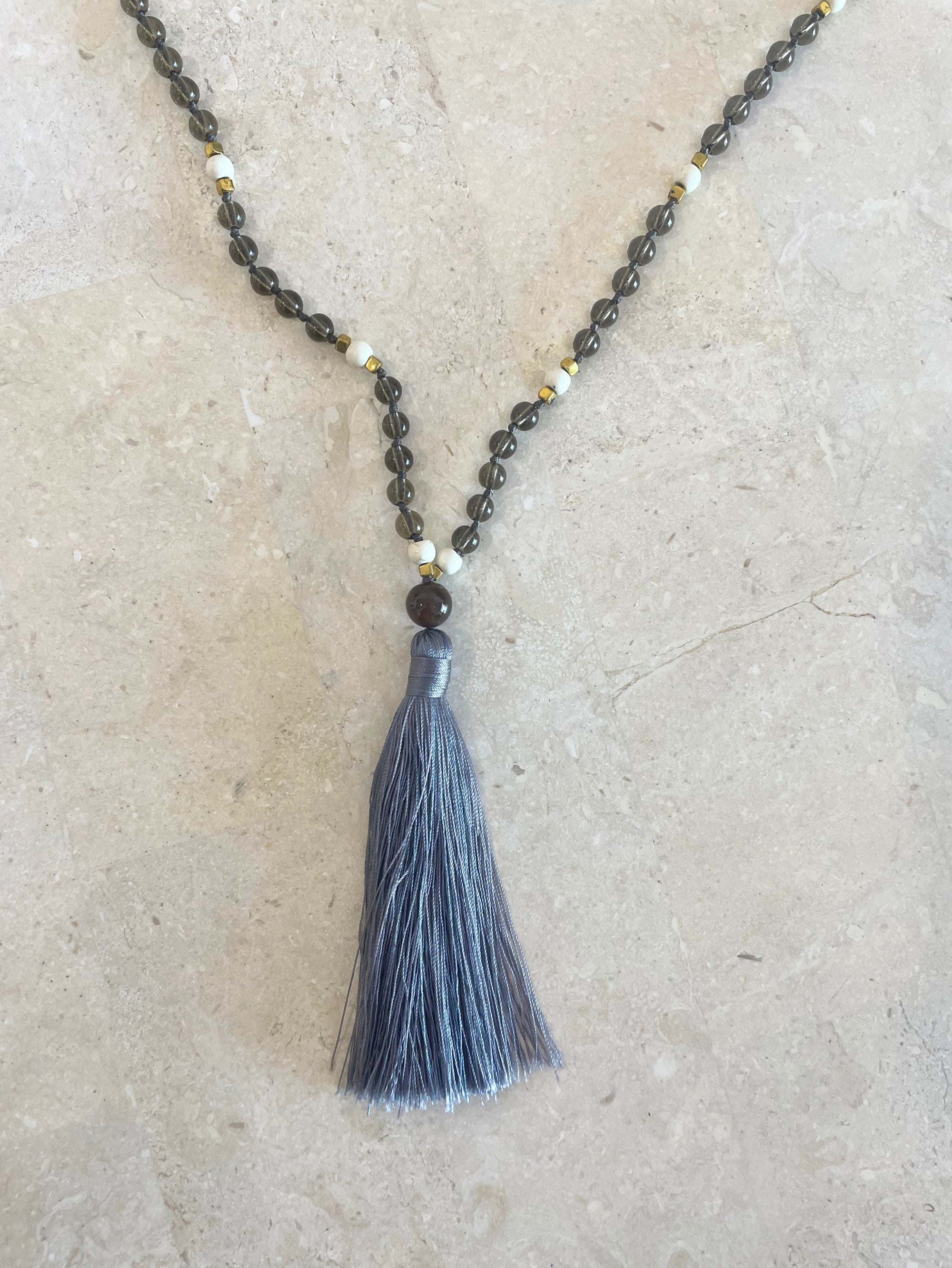 Necklace 14 | LONG - Stones with tassel feature Grey - Saffron Road