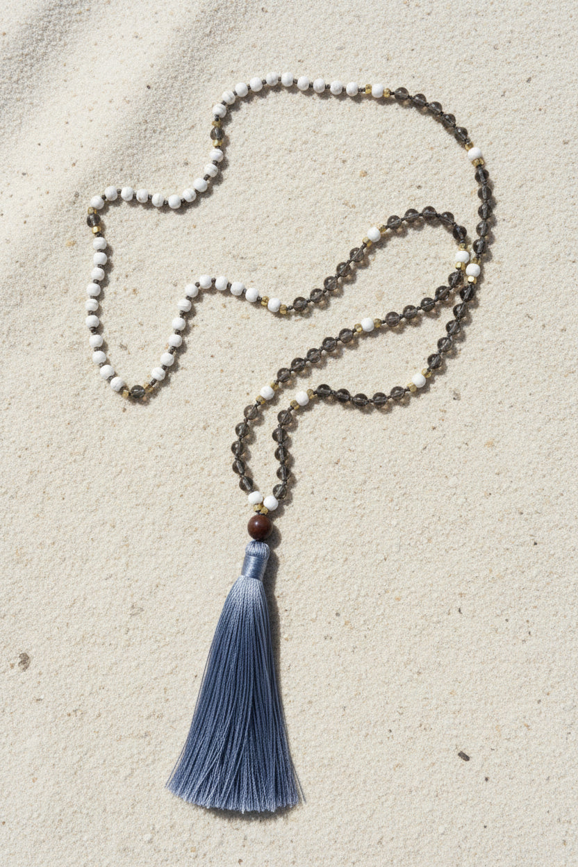 Necklace 14 | LONG - Stones with tassel feature Grey - Saffron Road