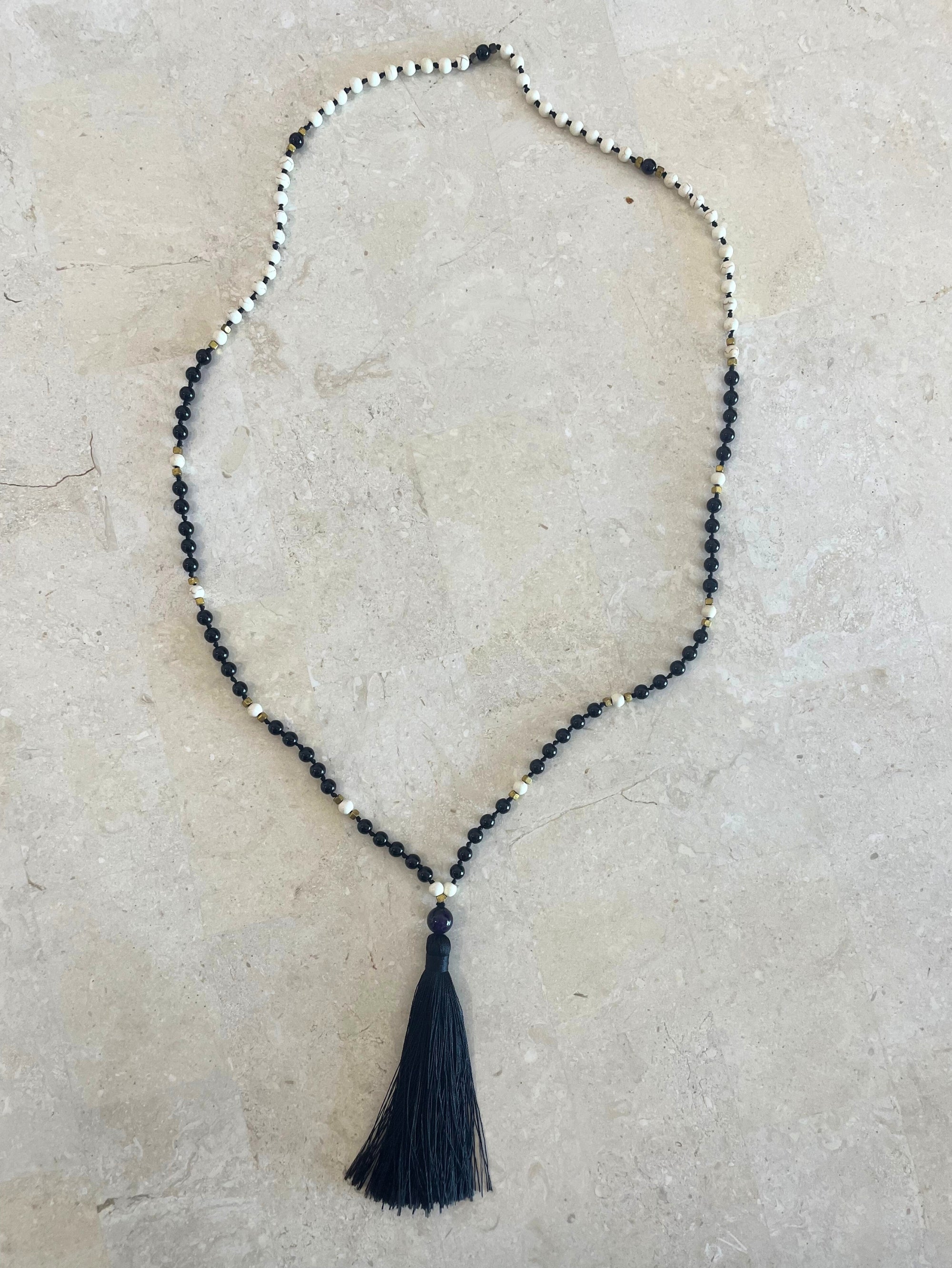 Necklace 15 | LONG - Stones with tassel feature Black/White - Saffron Road