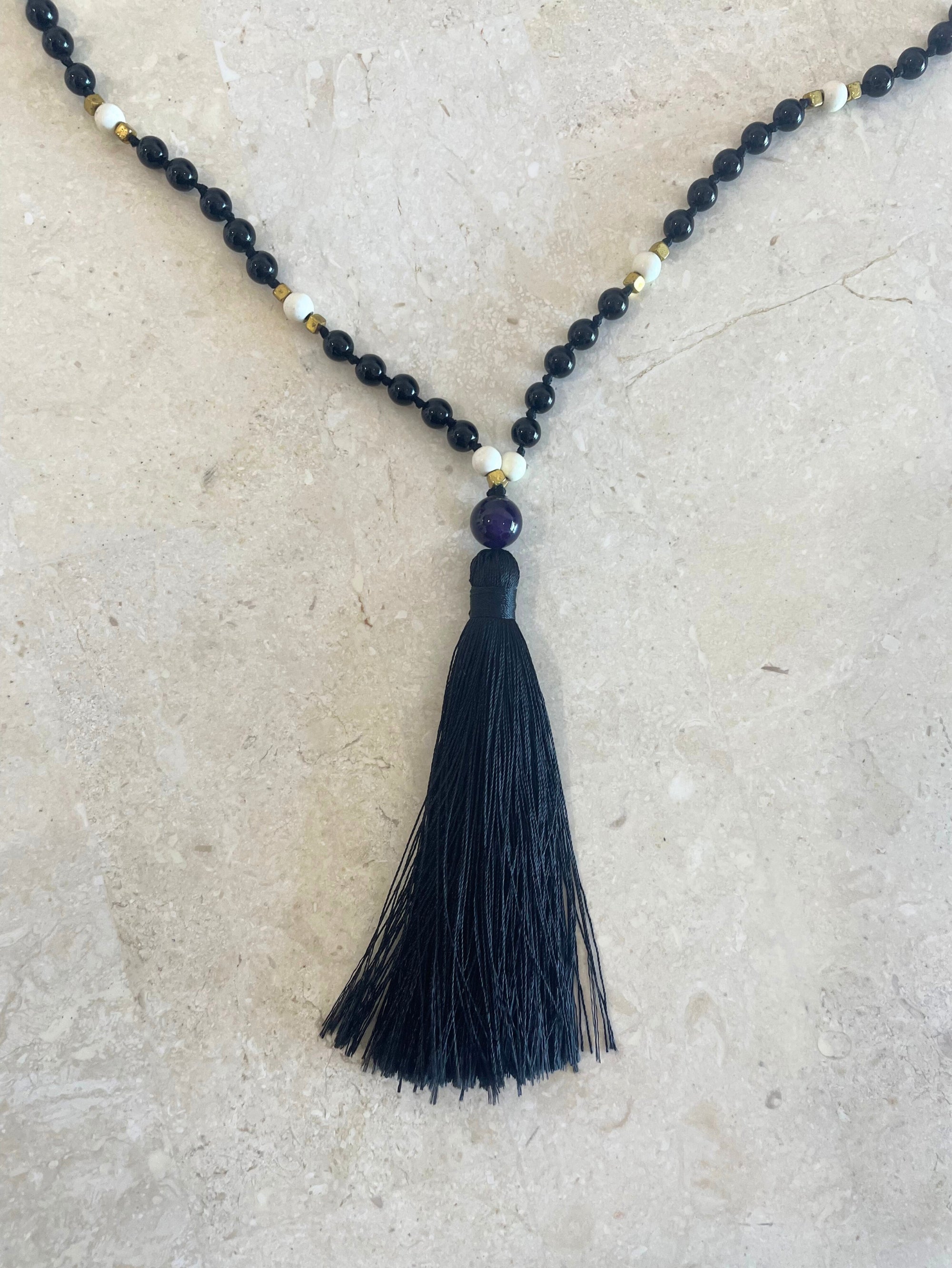 Necklace 15 | LONG - Stones with tassel feature Black/White - Saffron Road