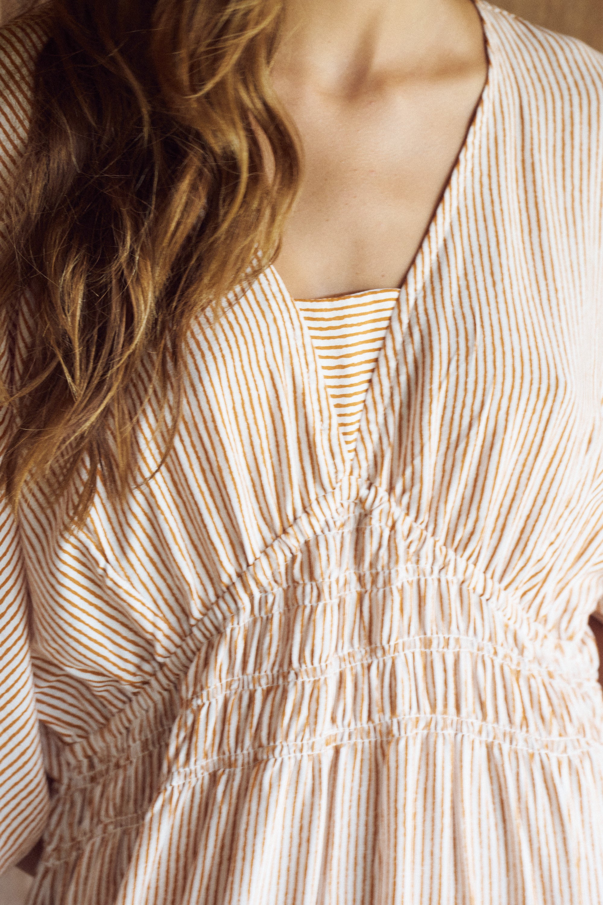 Tahlia Dress | Tan Mini Stripe - Saffron Road