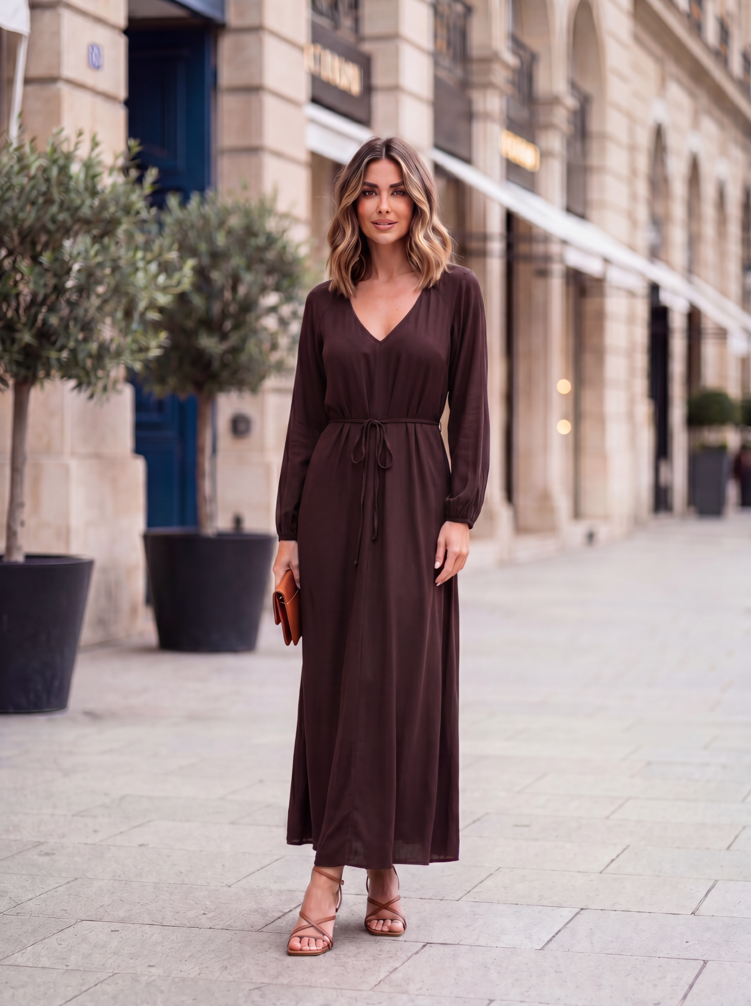 Viv Dress with Sleeves | Maxi | Chocolate - Saffron Road
