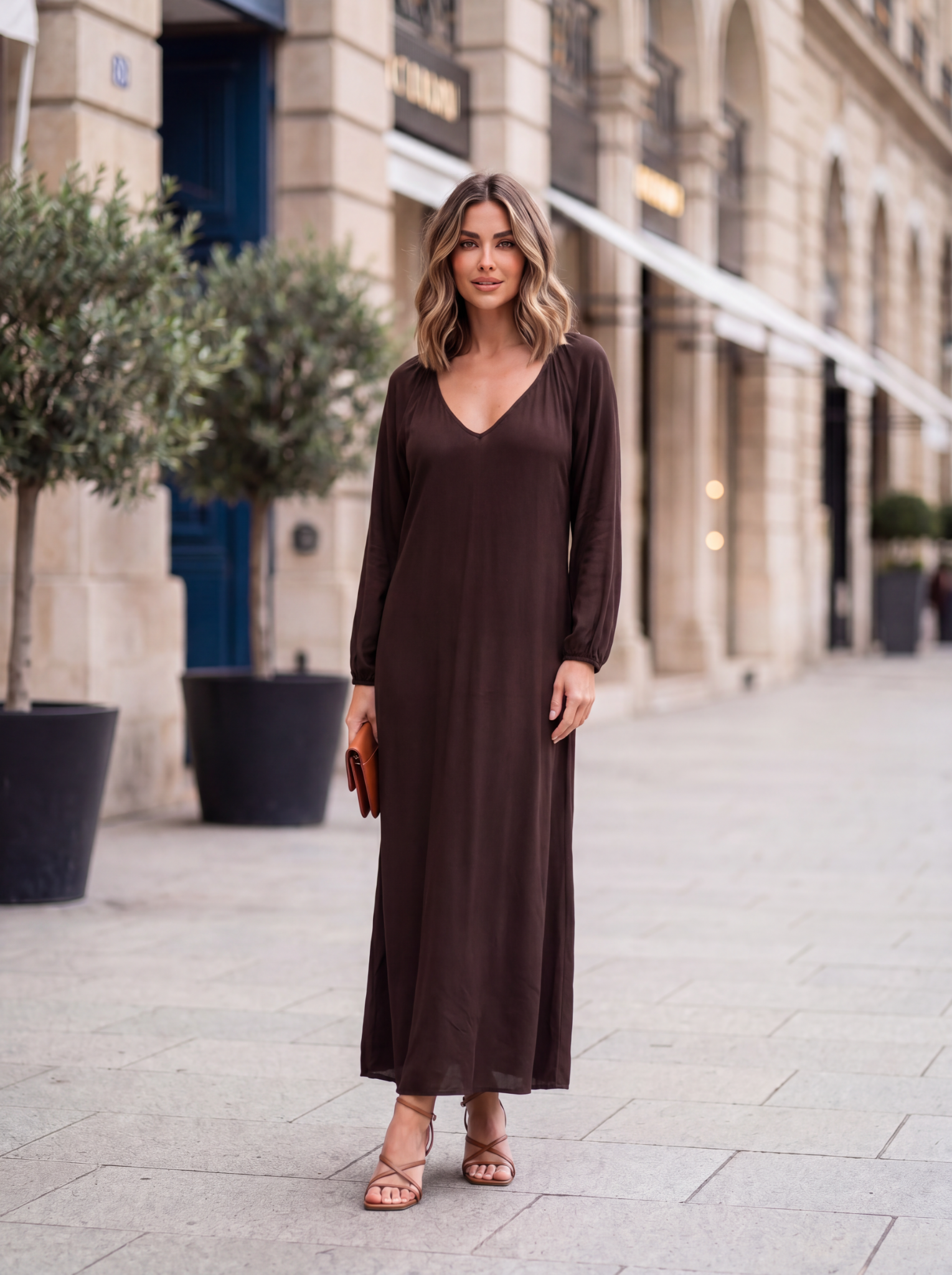 Viv Dress with Sleeves | Maxi | Chocolate - Saffron Road