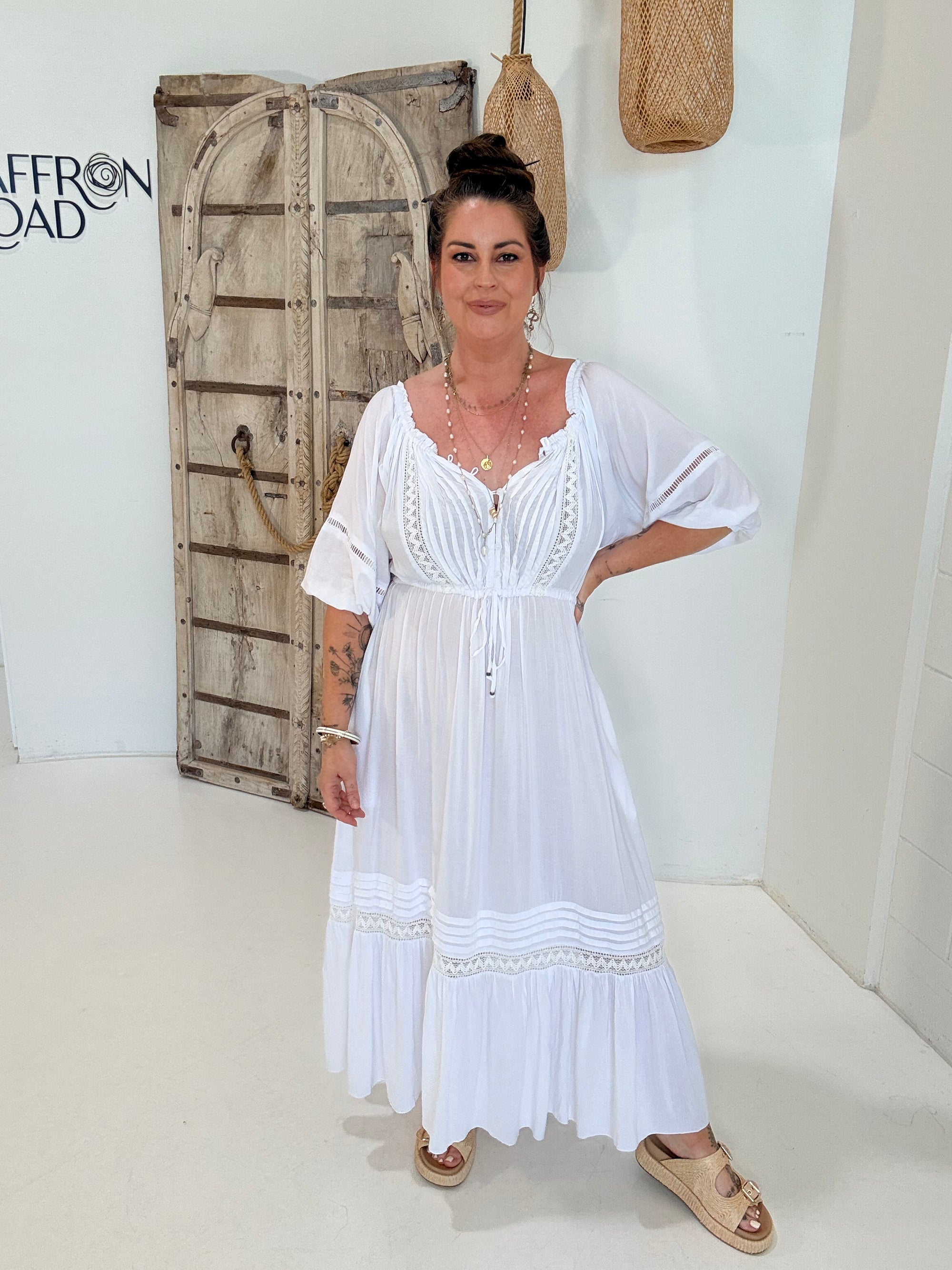 Paris Night Dress| White with Lace - Saffron Road