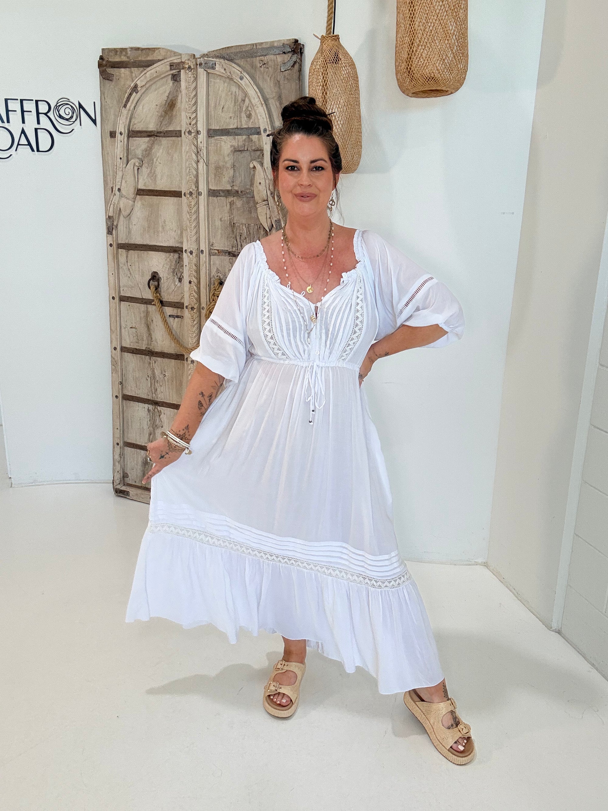 Paris Night Dress| White with Lace - Saffron Road