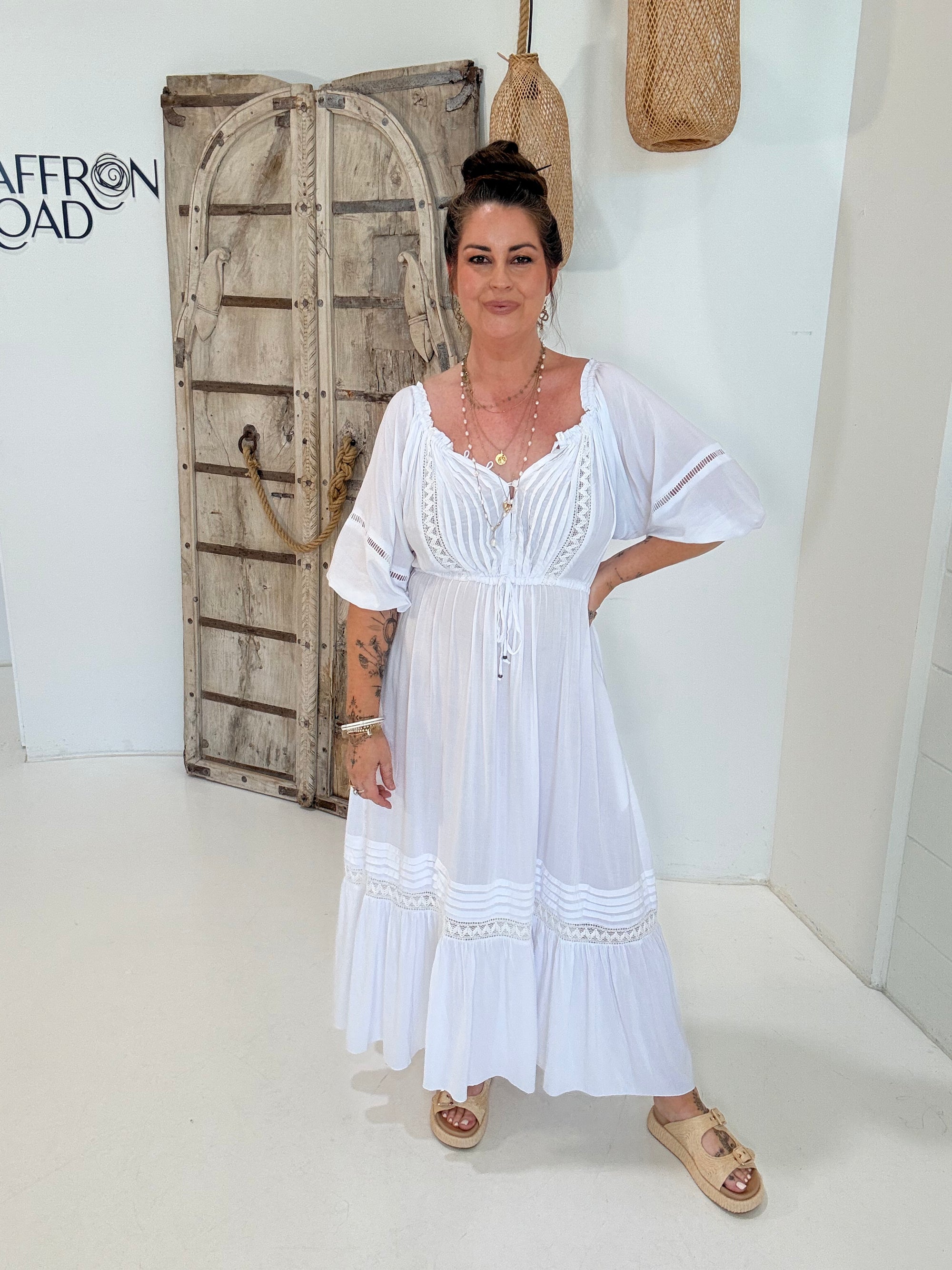 Paris Night Dress| White with Lace - Saffron Road