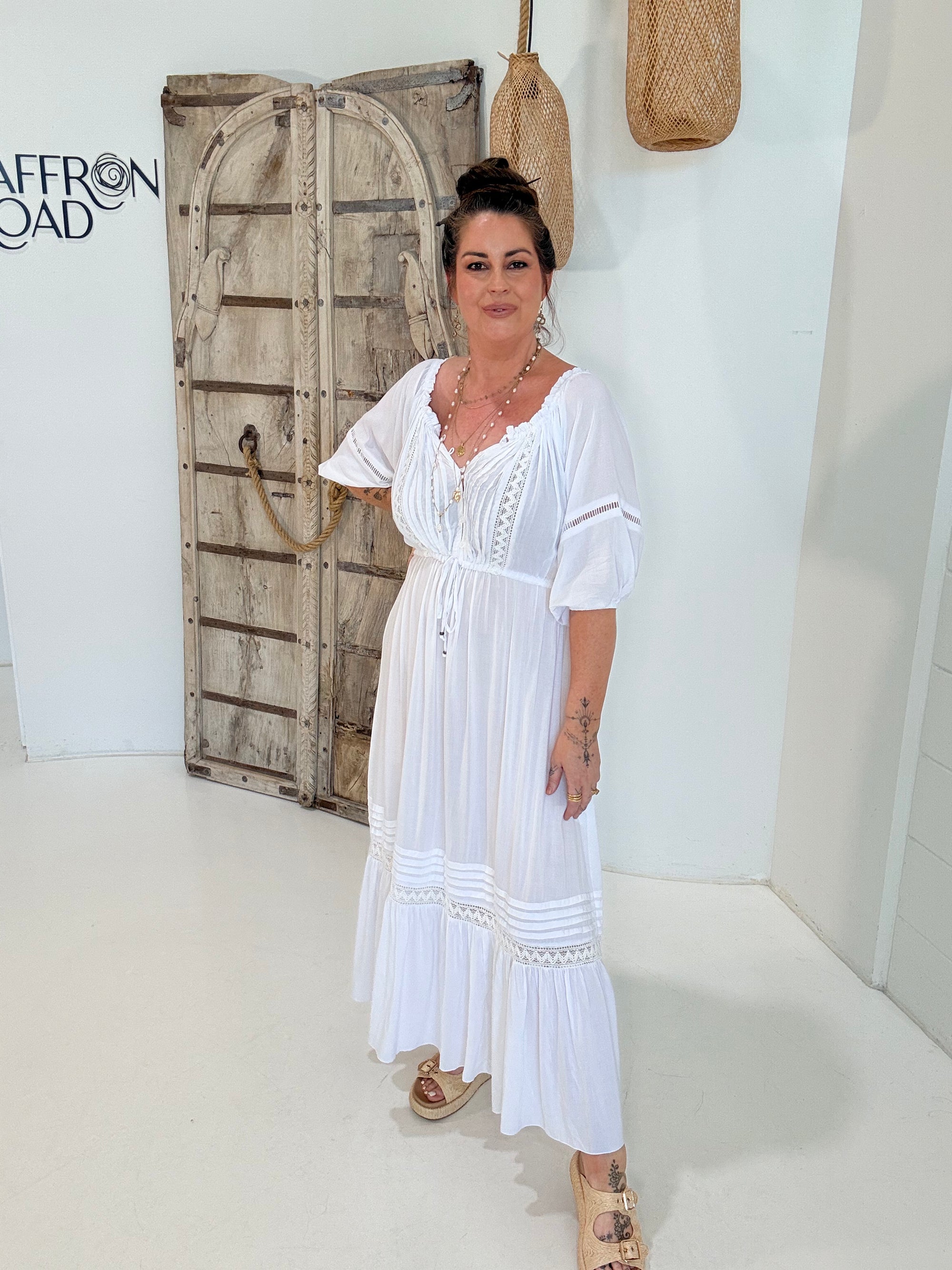 Paris Night Dress| White with Lace - Saffron Road