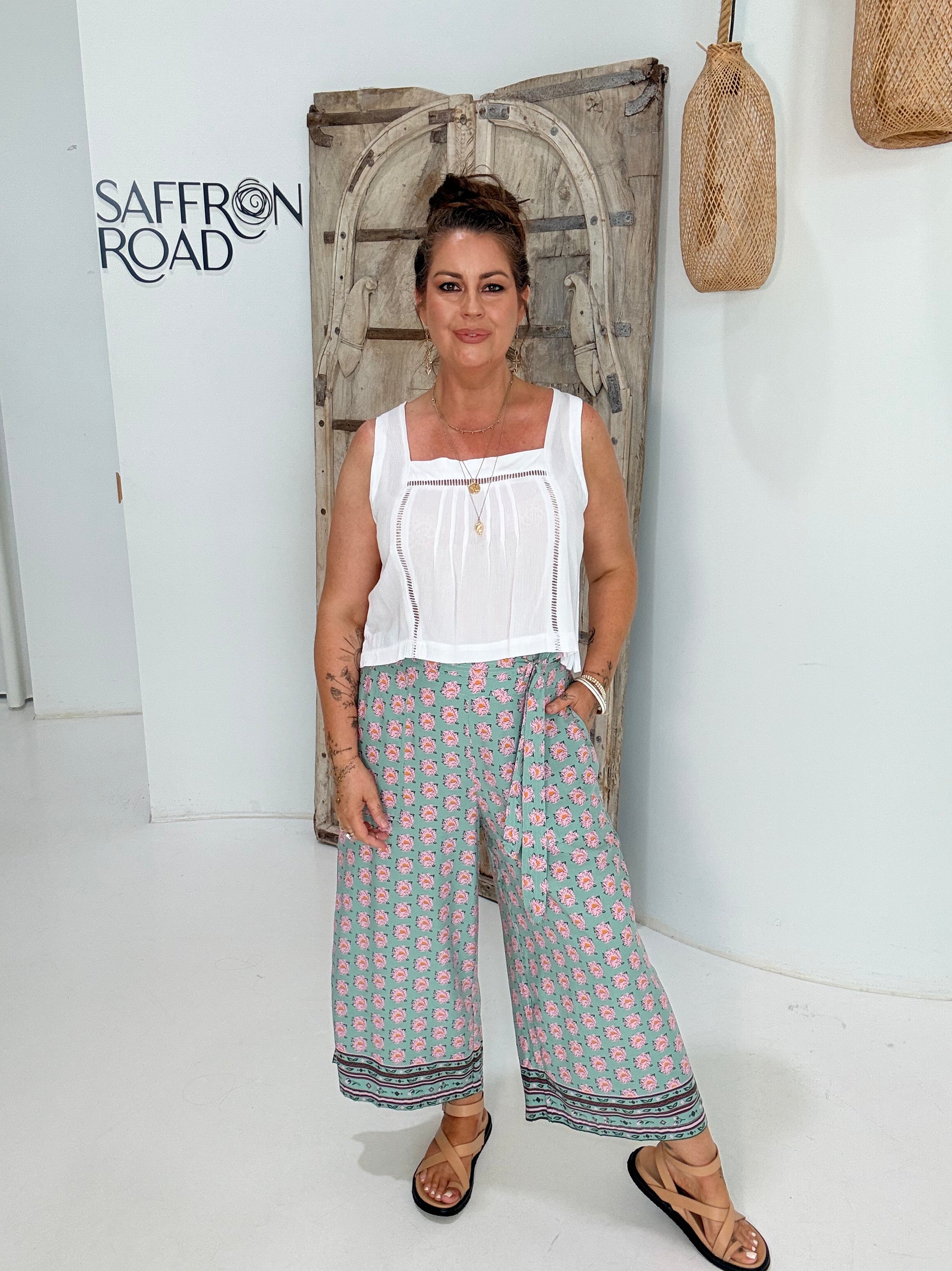 High Waisted Lounge Pant | Cropped | Sage Peony - Saffron Road