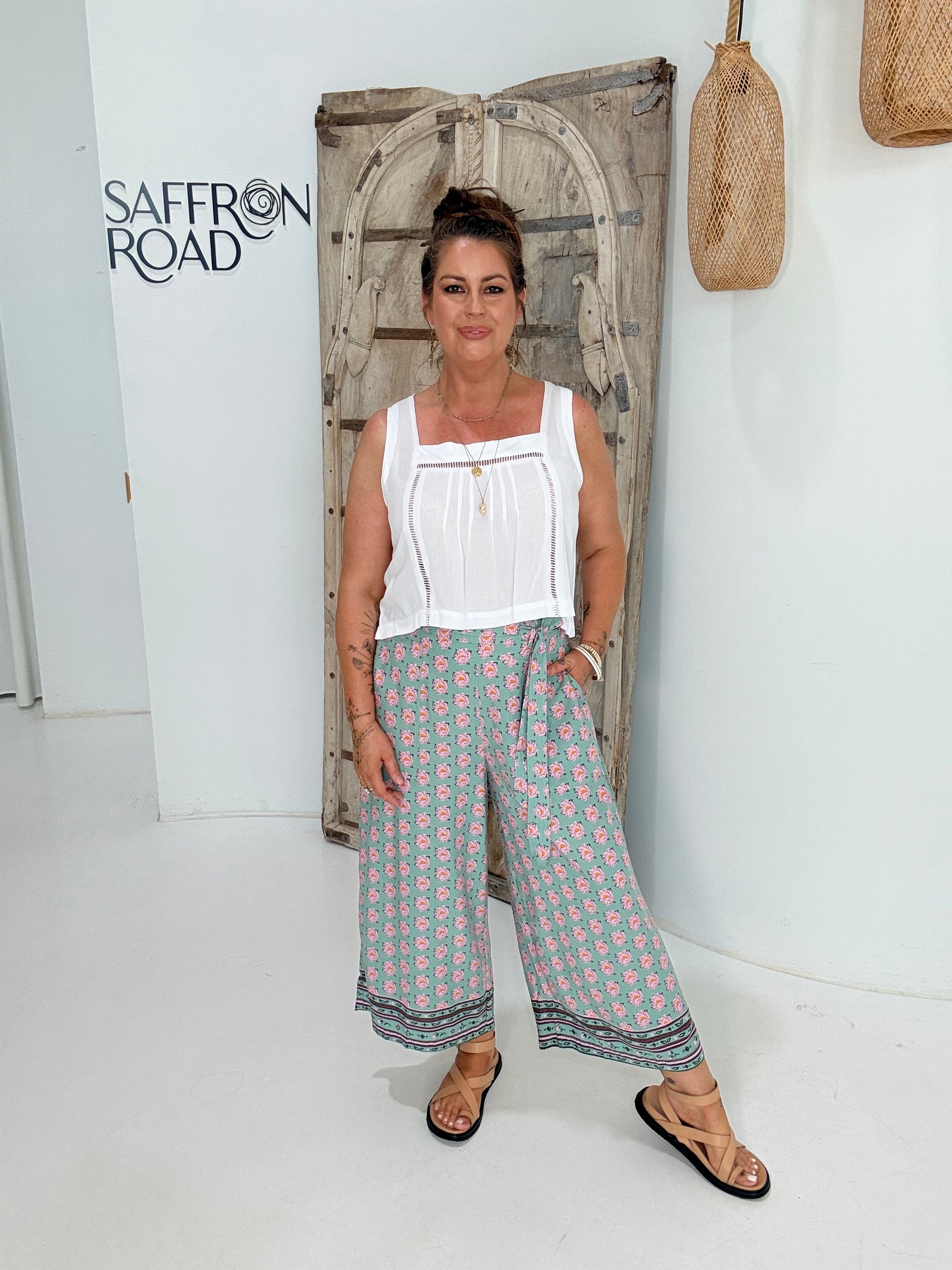 High Waisted Lounge Pant | Cropped | Sage Peony - Saffron Road